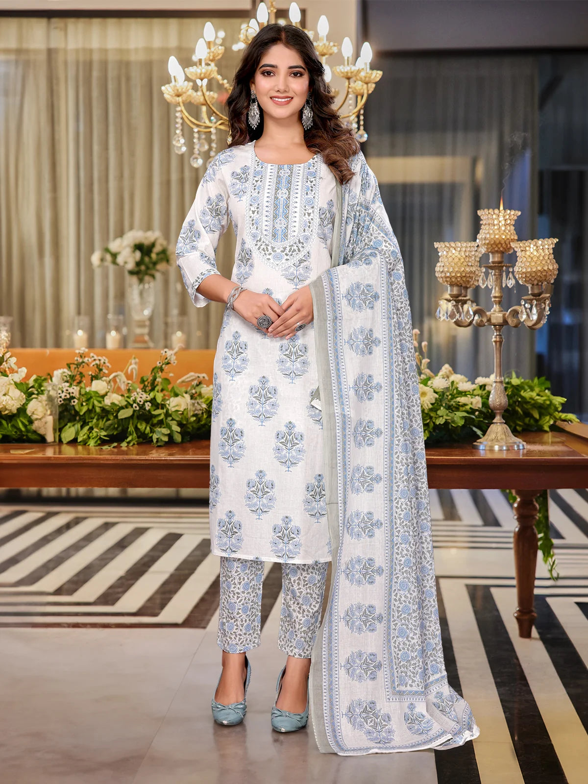 Buy Cotton Blend Embroidered Calf Length Kurta with Pant and Dupatta-Off white