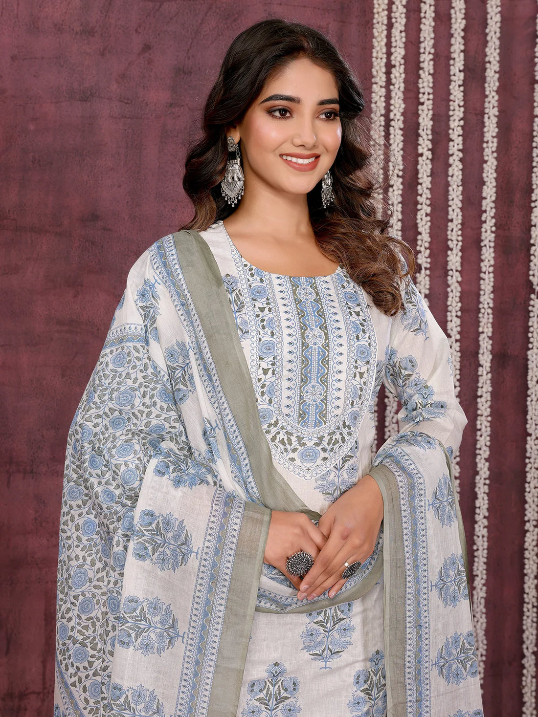 Buy Cotton Blend Embroidered Calf Length Kurta with Pant and Dupatta-Off white