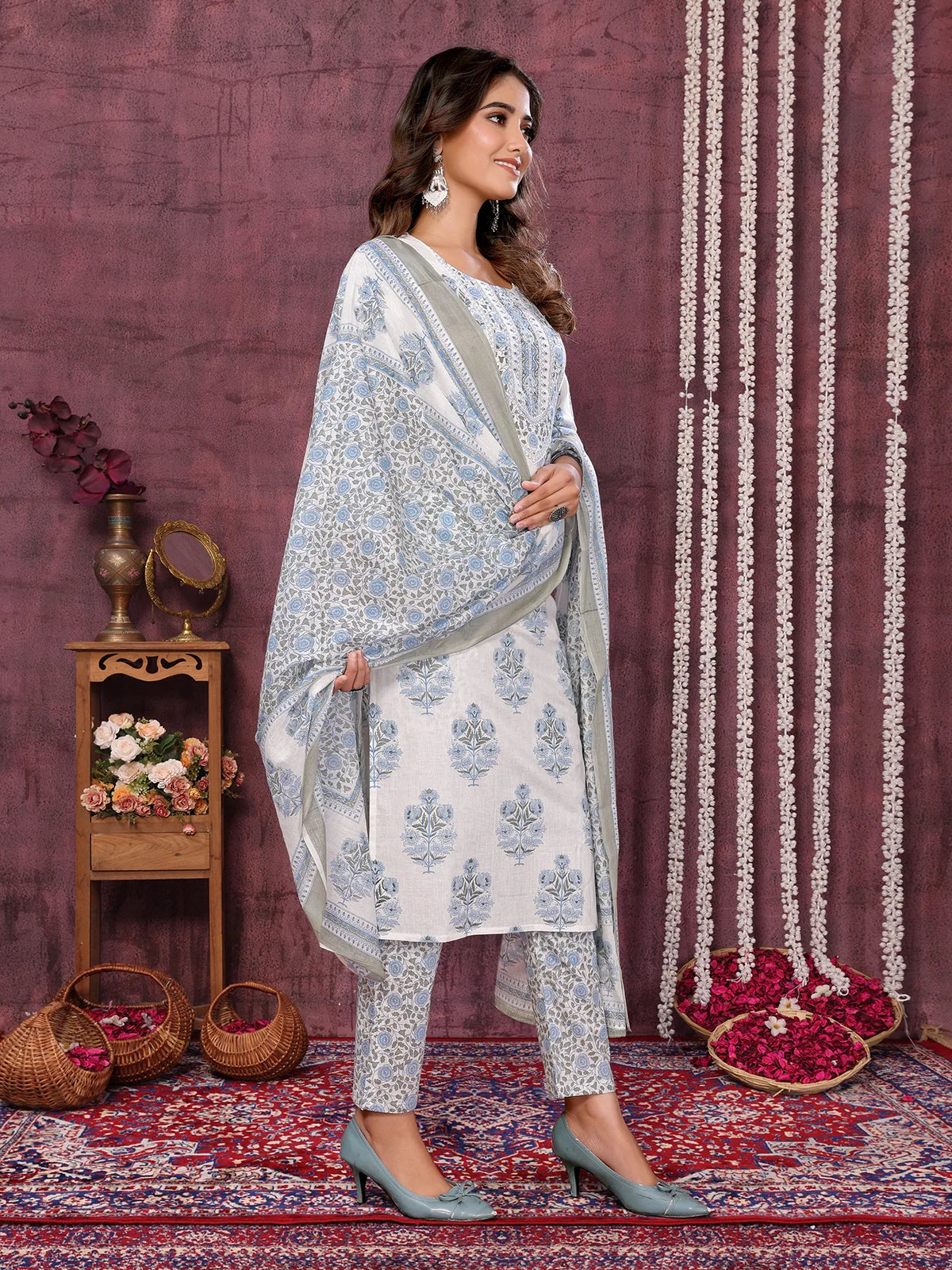 Buy Cotton Blend Embroidered Calf Length Kurta with Pant and Dupatta-Off white