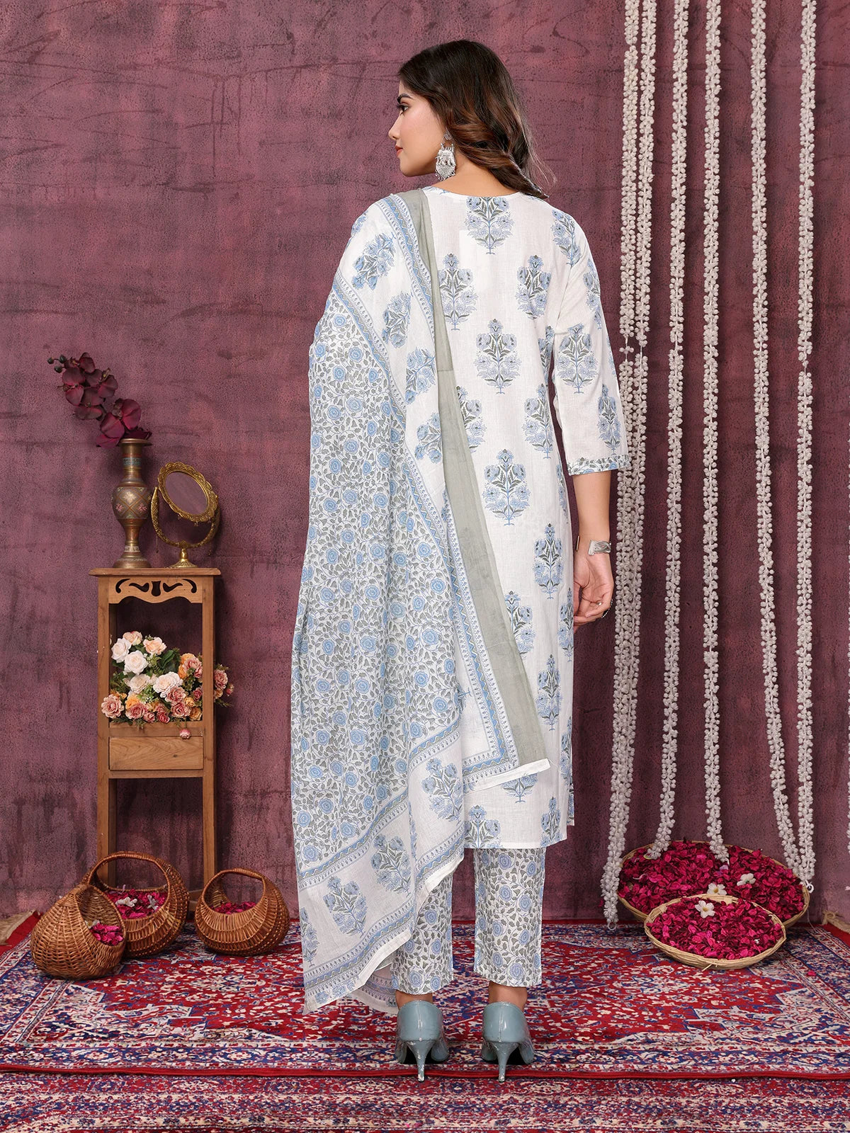 Buy Cotton Blend Embroidered Calf Length Kurta with Pant and Dupatta-Off white