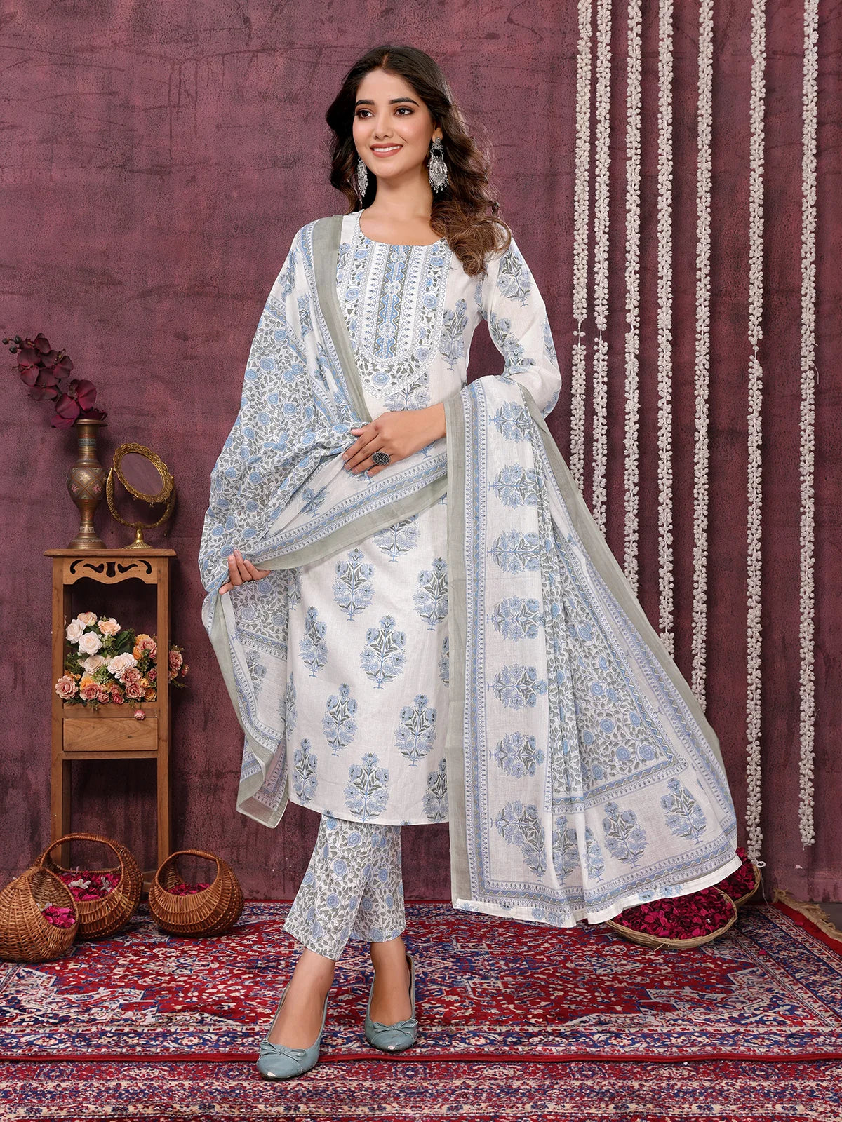 Buy Cotton Blend Embroidered Calf Length Kurta with Pant and Dupatta-Off white