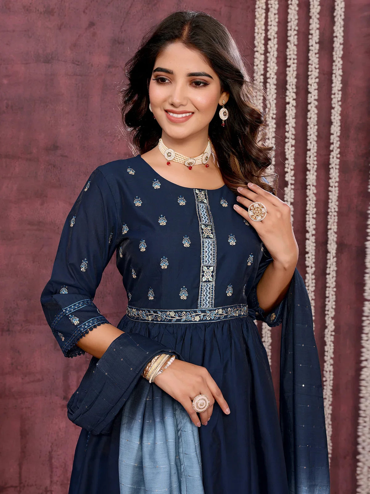 Buy Viscose Blend Embroidered Calf Length Kurta with Pant and Dupatta-Navy