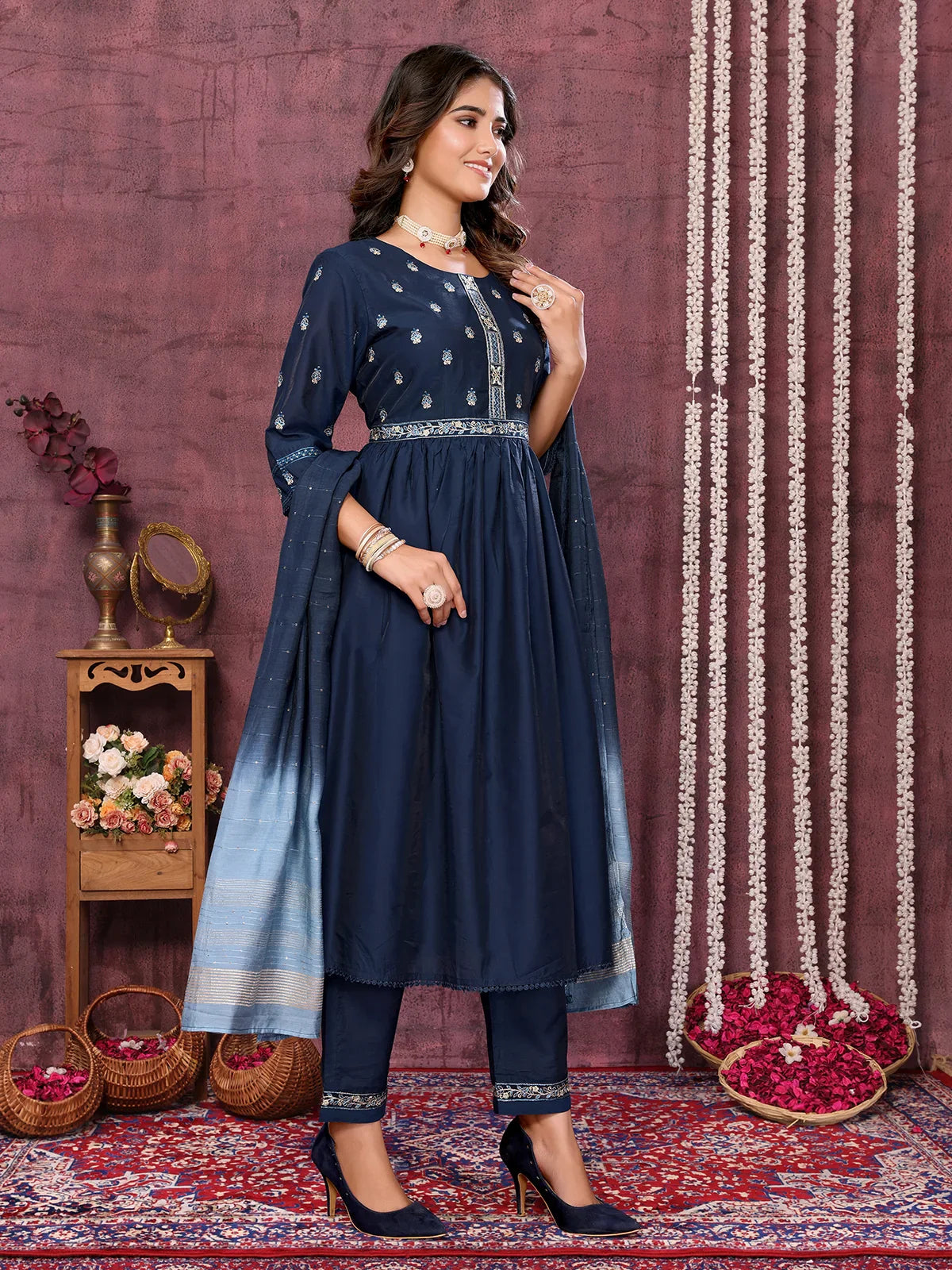 Buy Viscose Blend Embroidered Calf Length Kurta with Pant and Dupatta-Navy