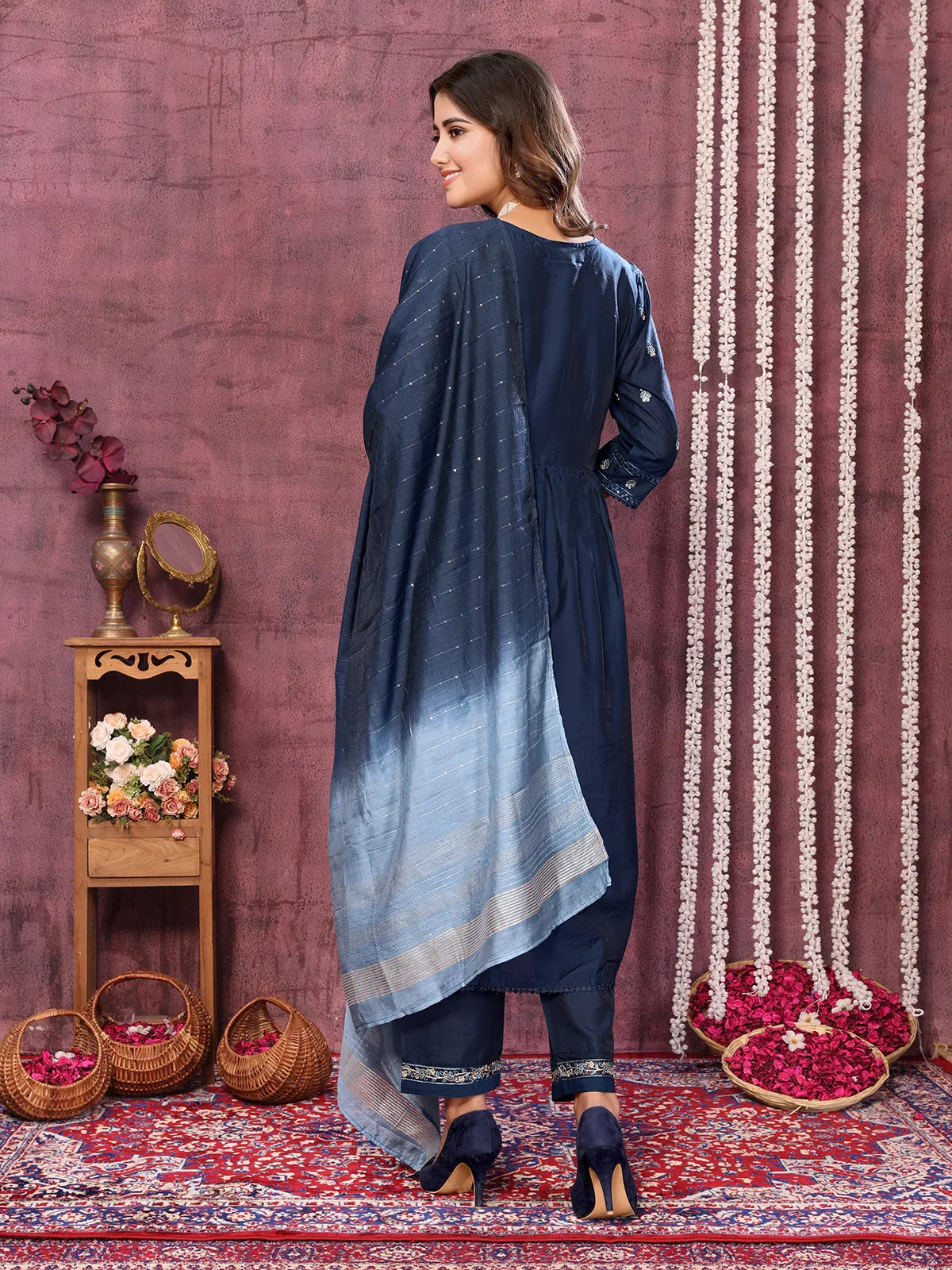 Buy Viscose Blend Embroidered Calf Length Kurta with Pant and Dupatta-Navy