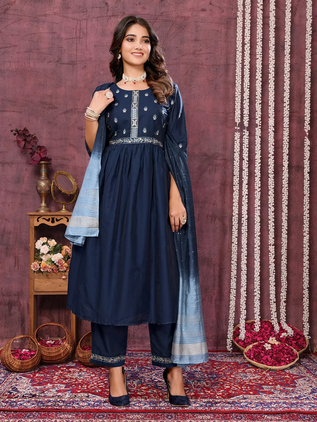 Buy Viscose Blend Embroidered Calf Length Kurta with Pant and Dupatta-Navy