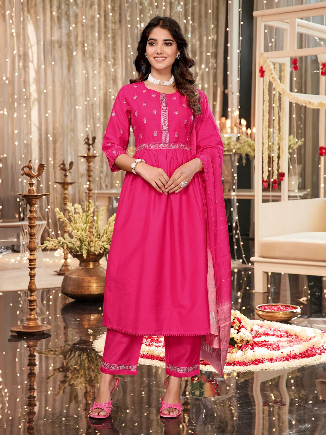 Buy Viscose Blend Embroidered Calf Length Kurta with Pant and Dupatta-Pink