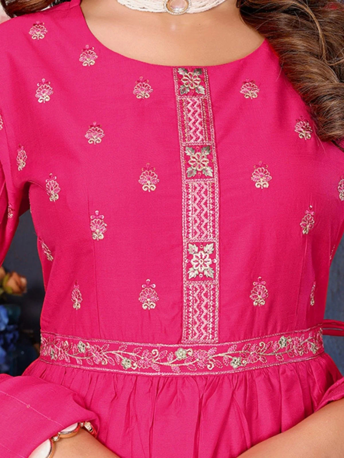 Buy Viscose Blend Embroidered Calf Length Kurta with Pant and Dupatta-Pink