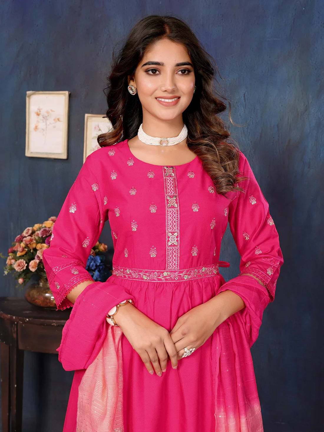 Buy Viscose Blend Embroidered Calf Length Kurta with Pant and Dupatta-Pink