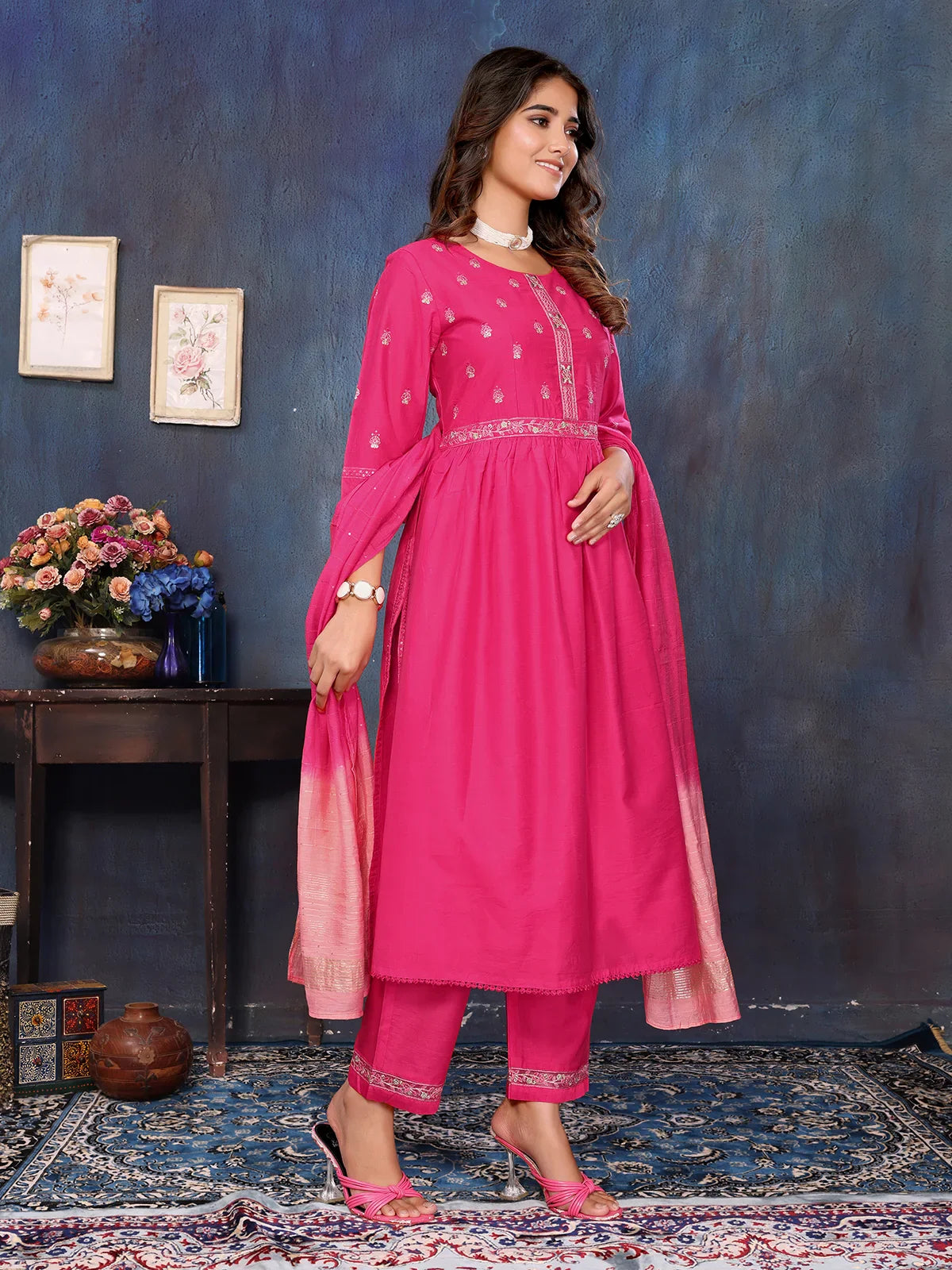 Buy Viscose Blend Embroidered Calf Length Kurta with Pant and Dupatta-Pink