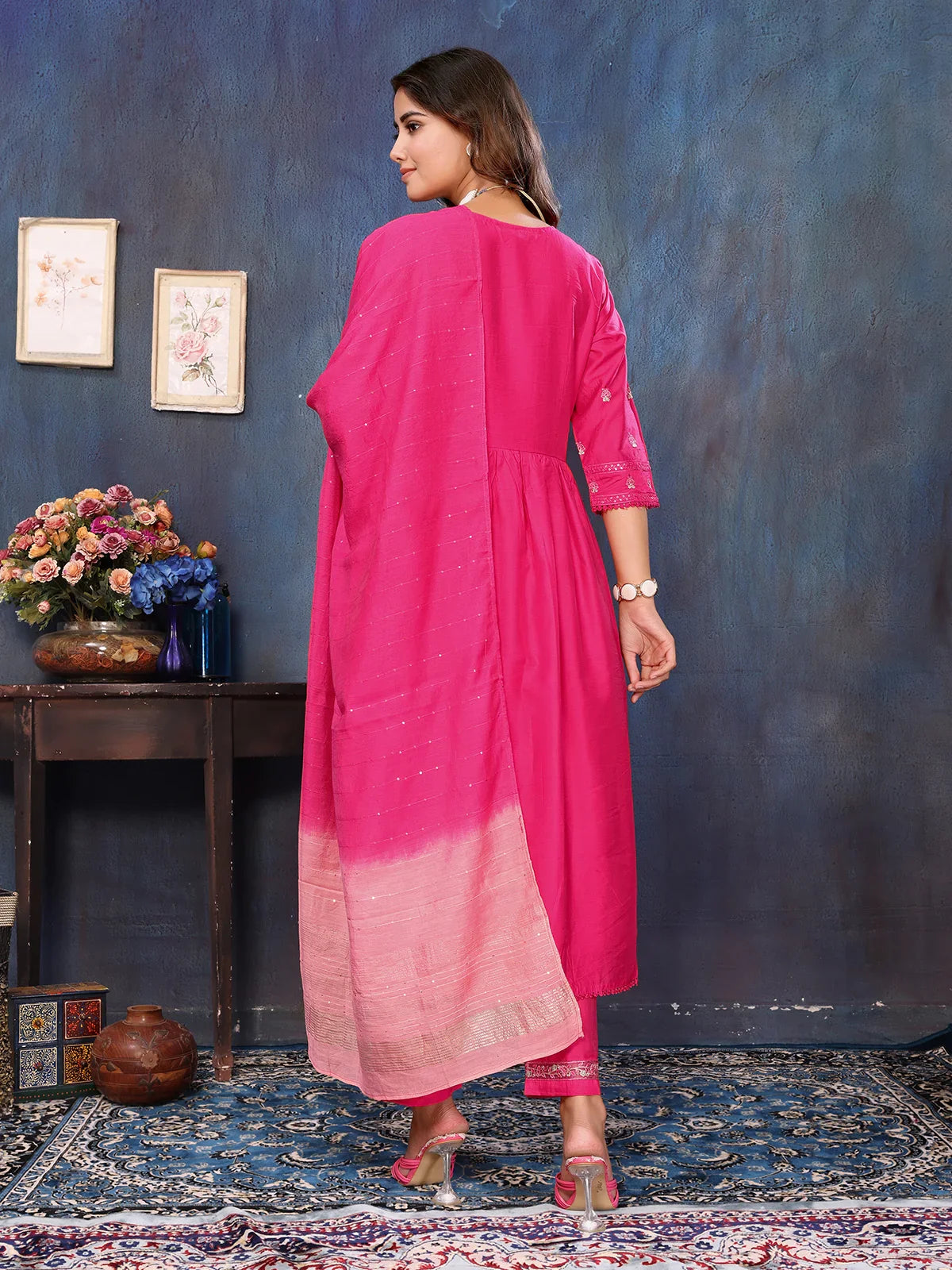 Buy Viscose Blend Embroidered Calf Length Kurta with Pant and Dupatta-Pink