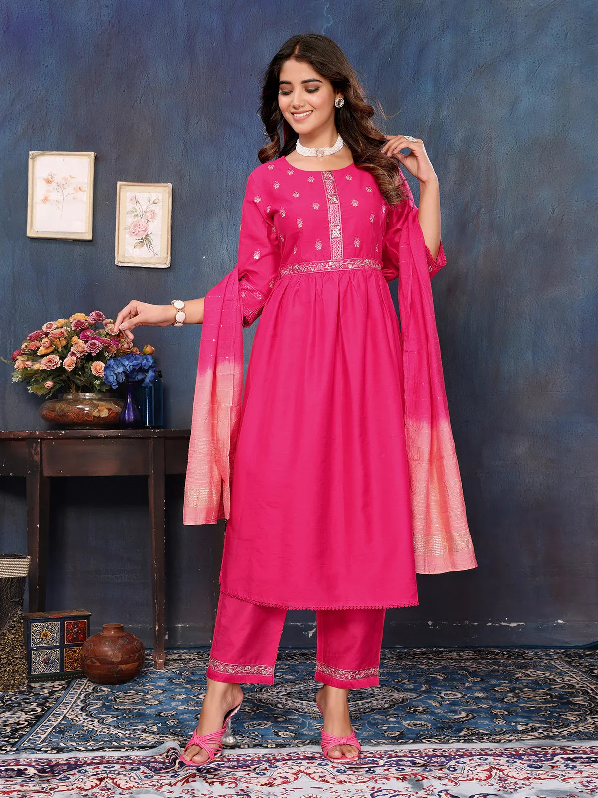 Buy Viscose Blend Embroidered Calf Length Kurta with Pant and Dupatta-Pink