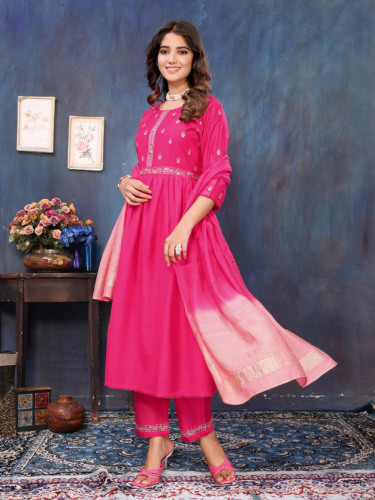 Buy Viscose Blend Embroidered Calf Length Kurta with Pant and Dupatta-Pink