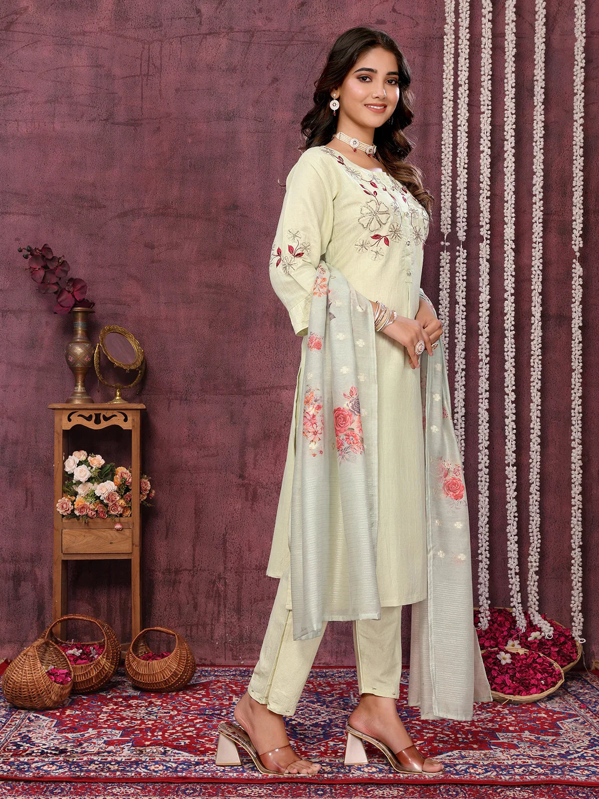 Buy Cotton Blend Embroidered Calf Length Kurta with Pant and Dupatta-Green