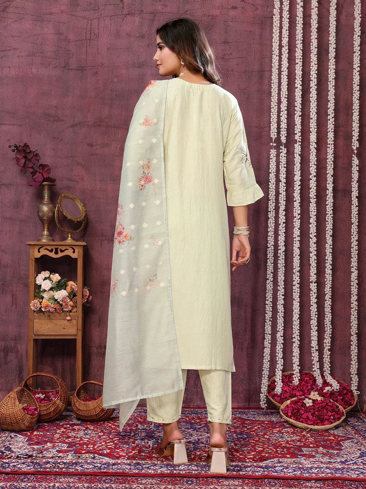 Buy Cotton Blend Embroidered Calf Length Kurta with Pant and Dupatta-Green