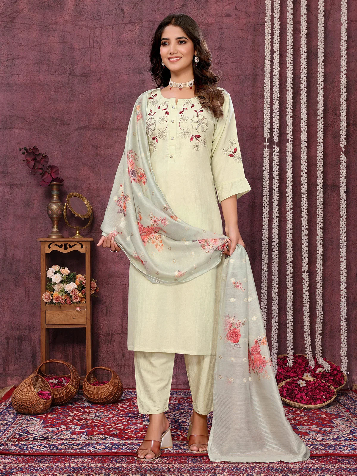 Buy Cotton Blend Embroidered Calf Length Kurta with Pant and Dupatta-Green