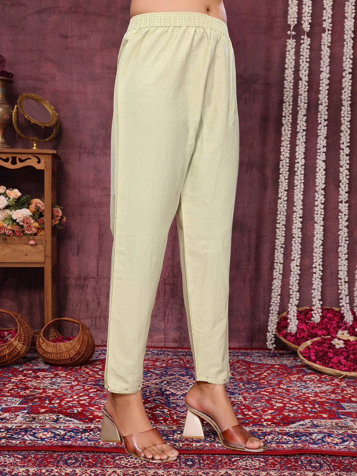 Buy Cotton Blend Embroidered Calf Length Kurta with Pant and Dupatta-Green