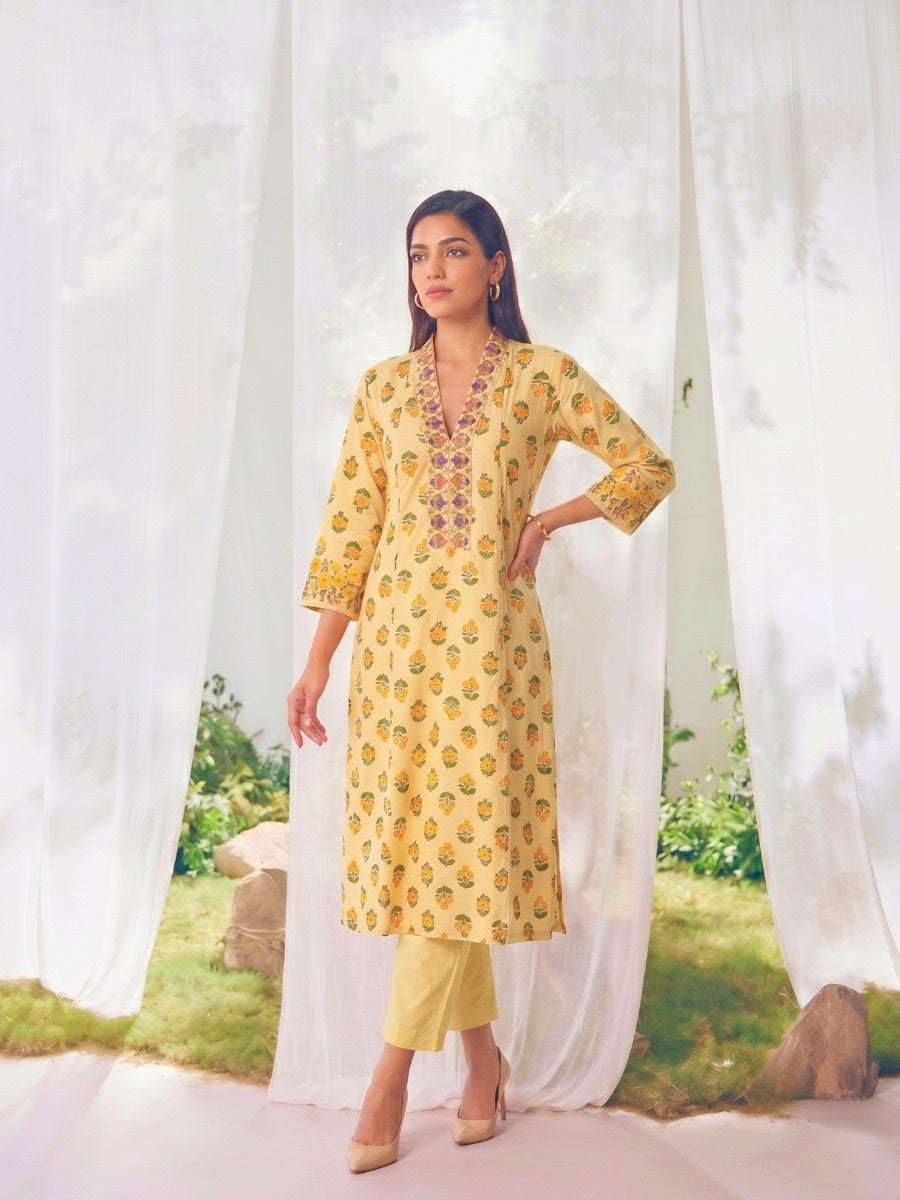 Buy Printed Straight Calf Length Kurta With Pant-Yellow