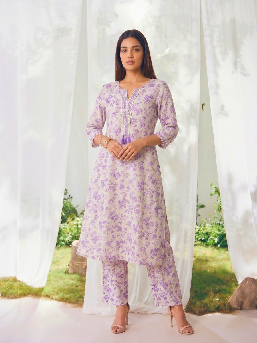 Buy Printed Straight Calf Length Kurta With Pant-Purple