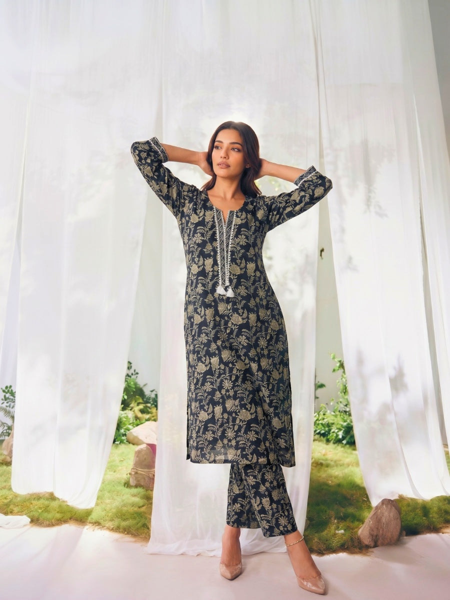 Buy Printed Straight Calf Length Kurta With Pant-Black