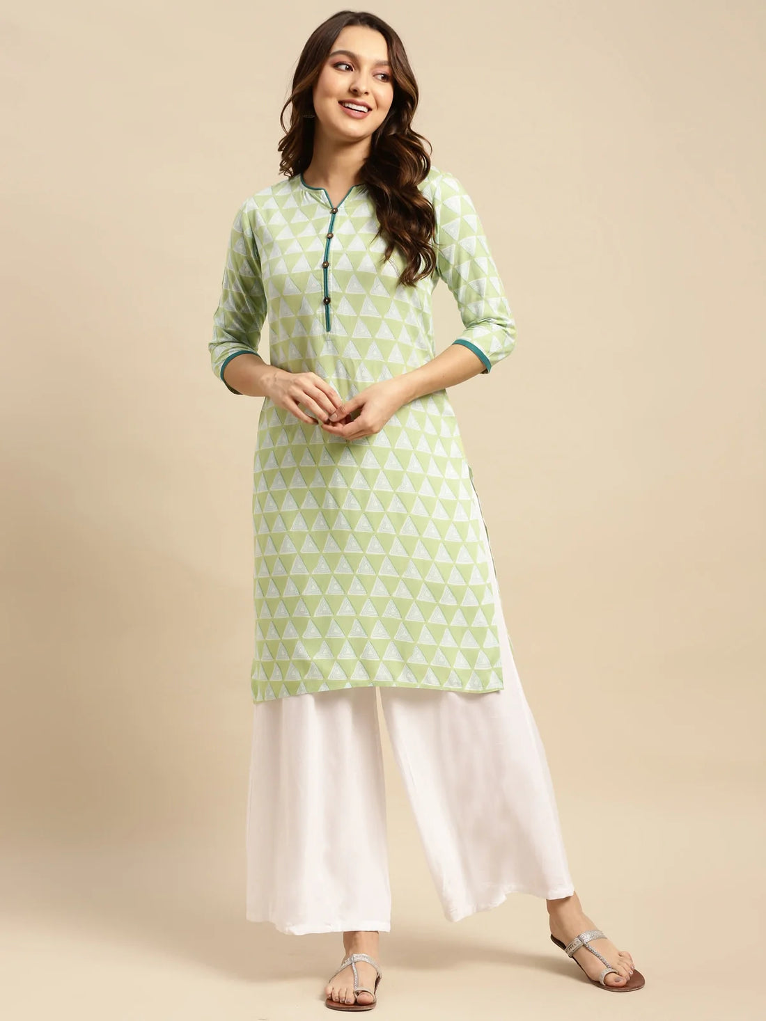 Buy Rayon Geometric Printed Knee Length Straight Kurta With Contrast Placket-Lime Green