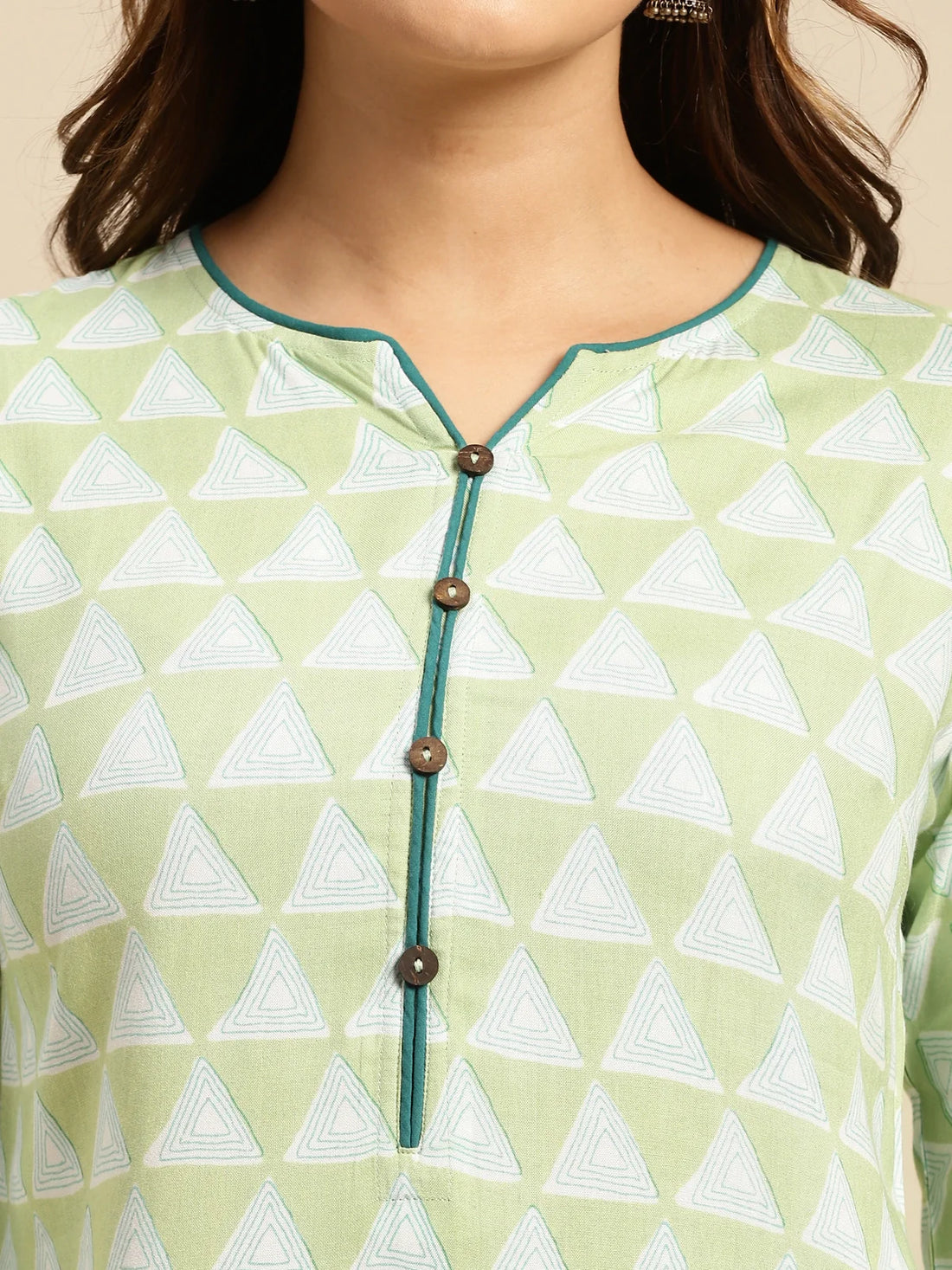 Buy Rayon Geometric Printed Knee Length Straight Kurta With Contrast Placket-Lime Green