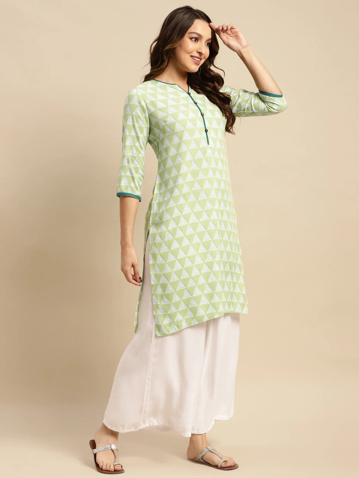 Buy Rayon Geometric Printed Knee Length Straight Kurta With Contrast Placket-Lime Green