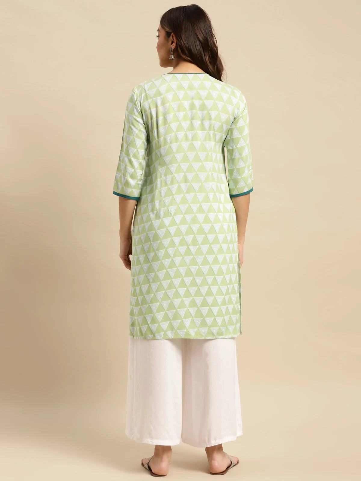 Buy Rayon Geometric Printed Knee Length Straight Kurta With Contrast Placket-Lime Green