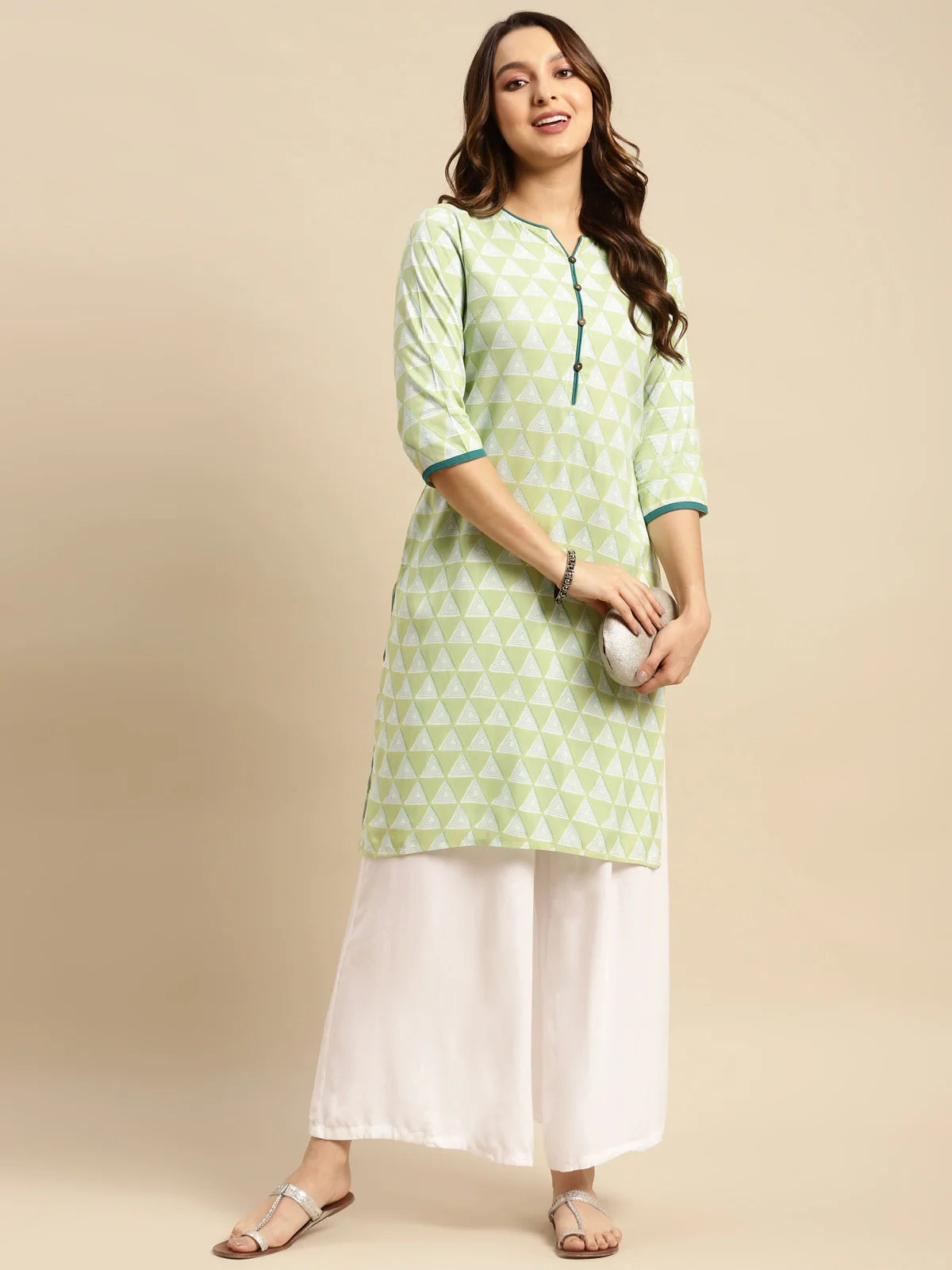 Buy Rayon Geometric Printed Knee Length Straight Kurta With Contrast Placket-Lime Green