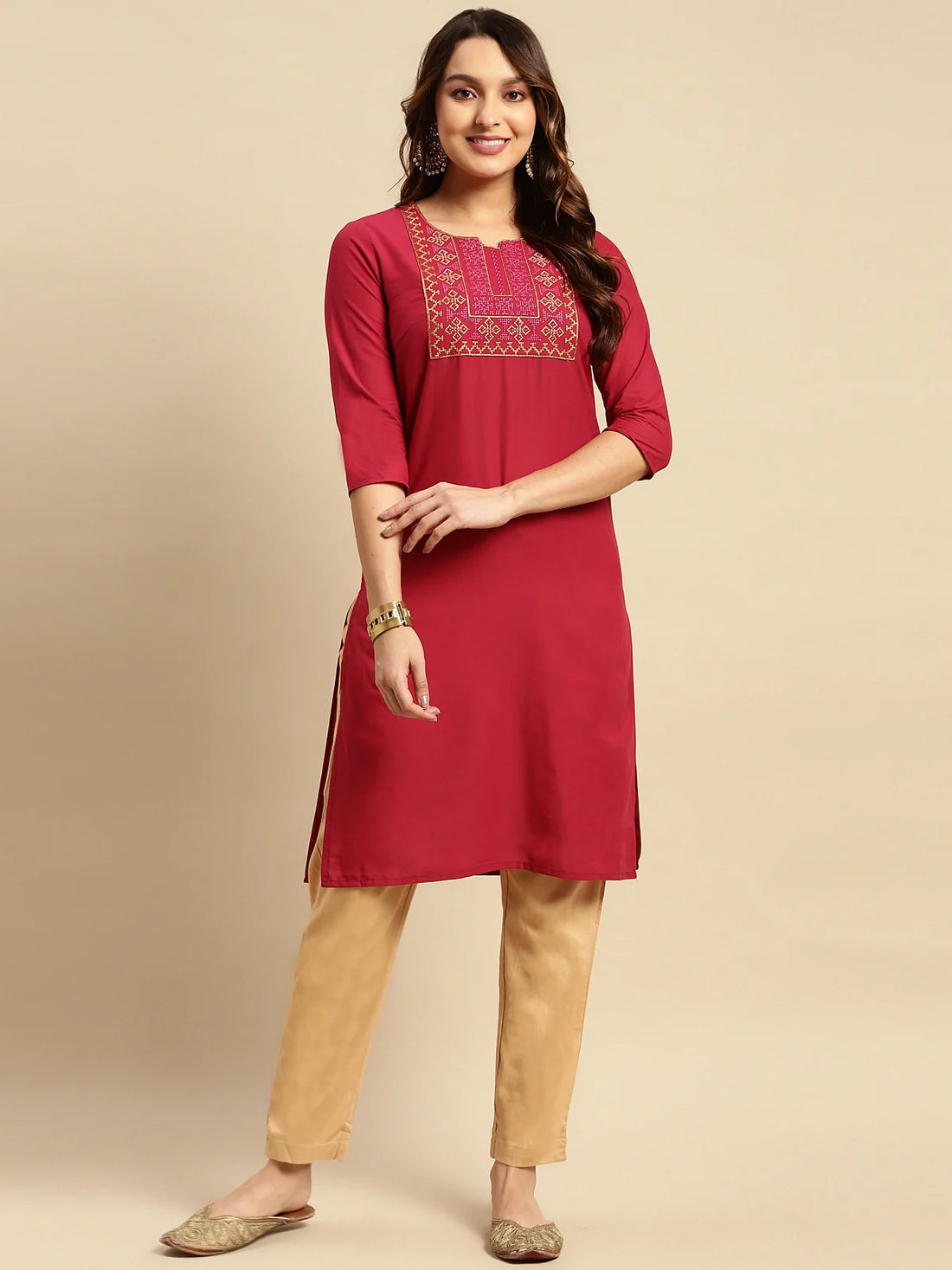 Buy 100% Cotton Yoke Zari Embroidered Knee Length Straight Kurta-Maroon