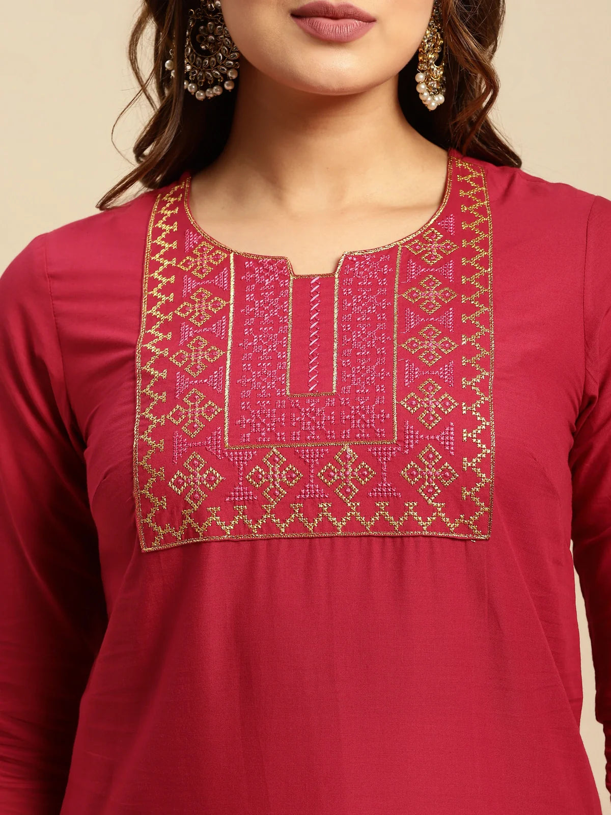 Buy 100% Cotton Yoke Zari Embroidered Knee Length Straight Kurta-Maroon