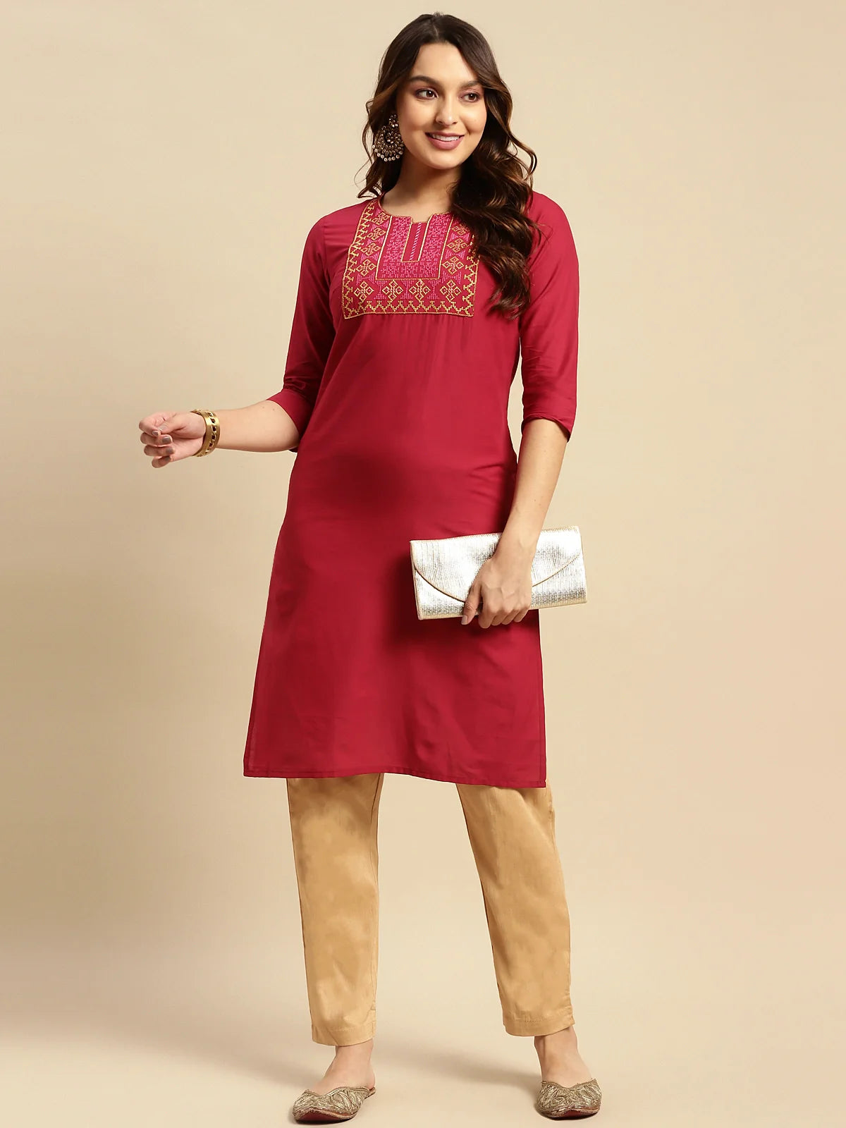 Buy 100% Cotton Yoke Zari Embroidered Knee Length Straight Kurta-Maroon