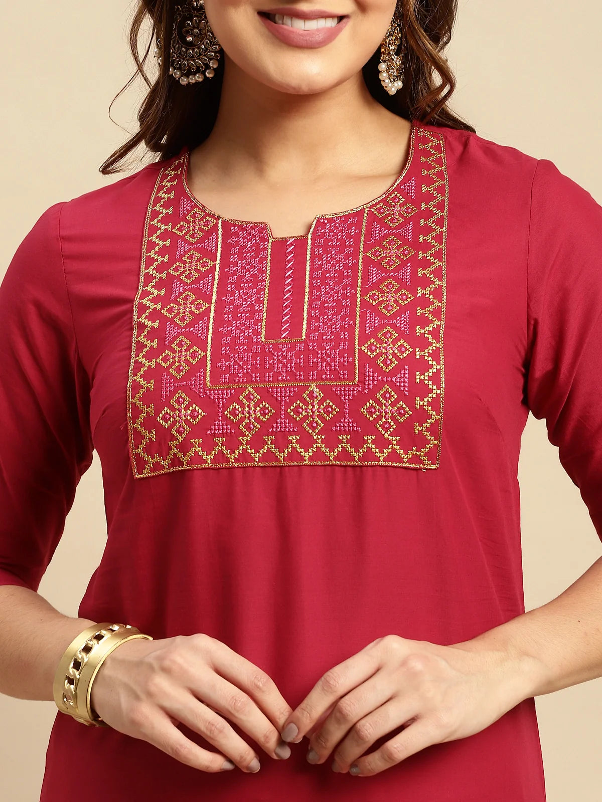 Buy 100% Cotton Yoke Zari Embroidered Knee Length Straight Kurta-Maroon