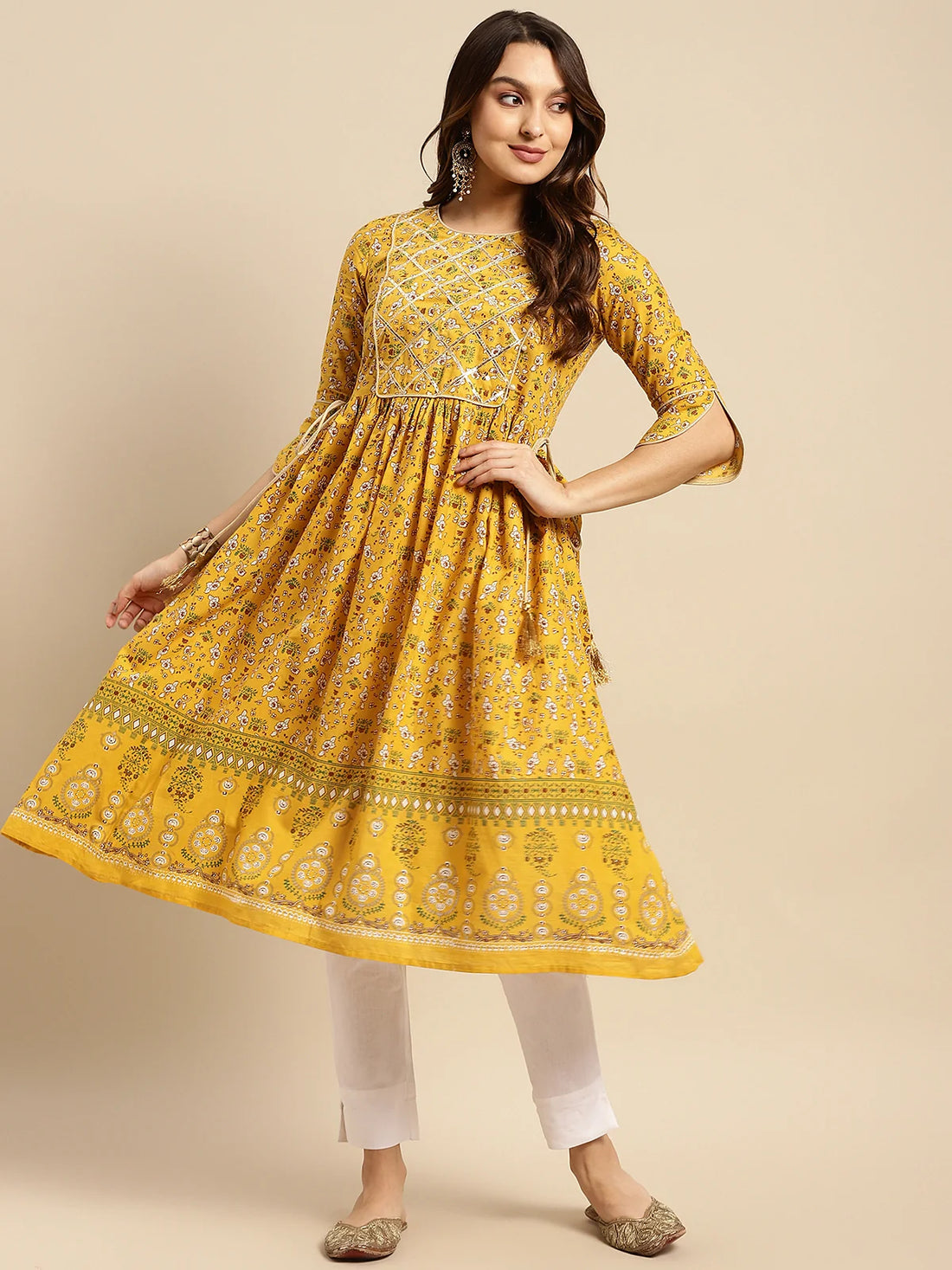 Buy 100% Cotton Gota Lace At Yoke Calf Length Kurta Gathered At Waist-Yellow