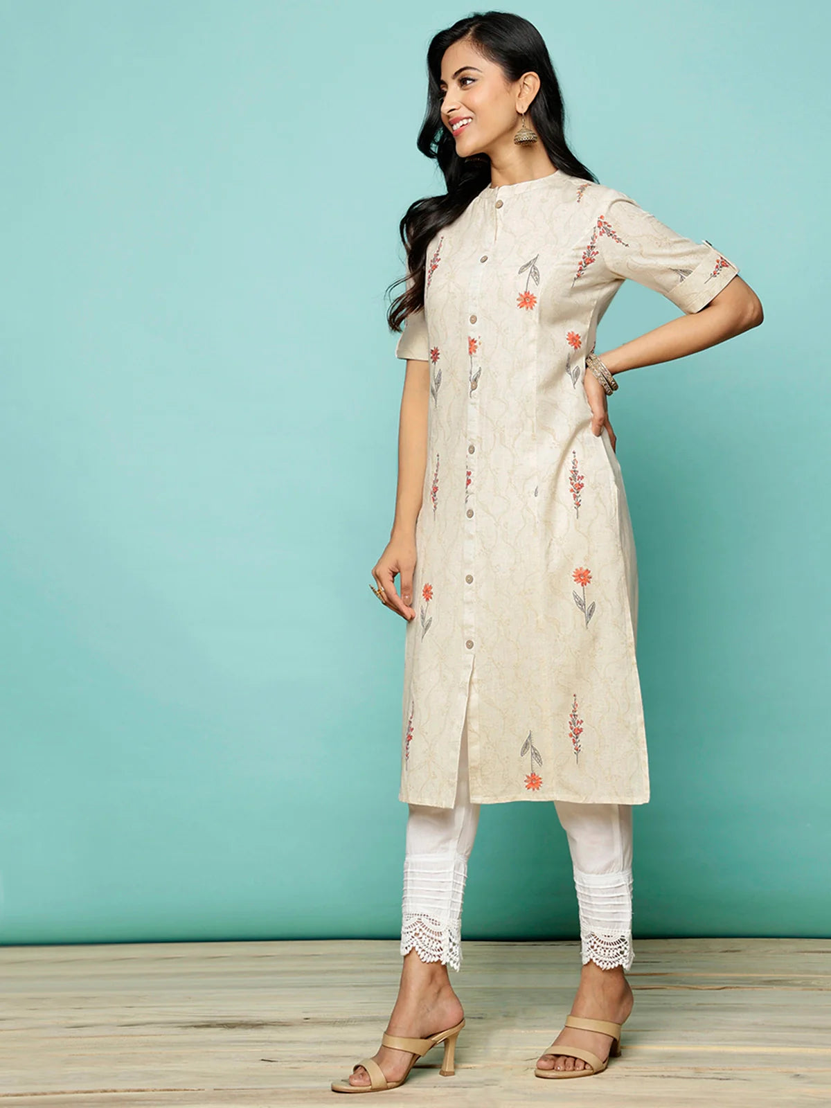 Buy Cotton Flex Printed Calf Length A-line Kurta-Red