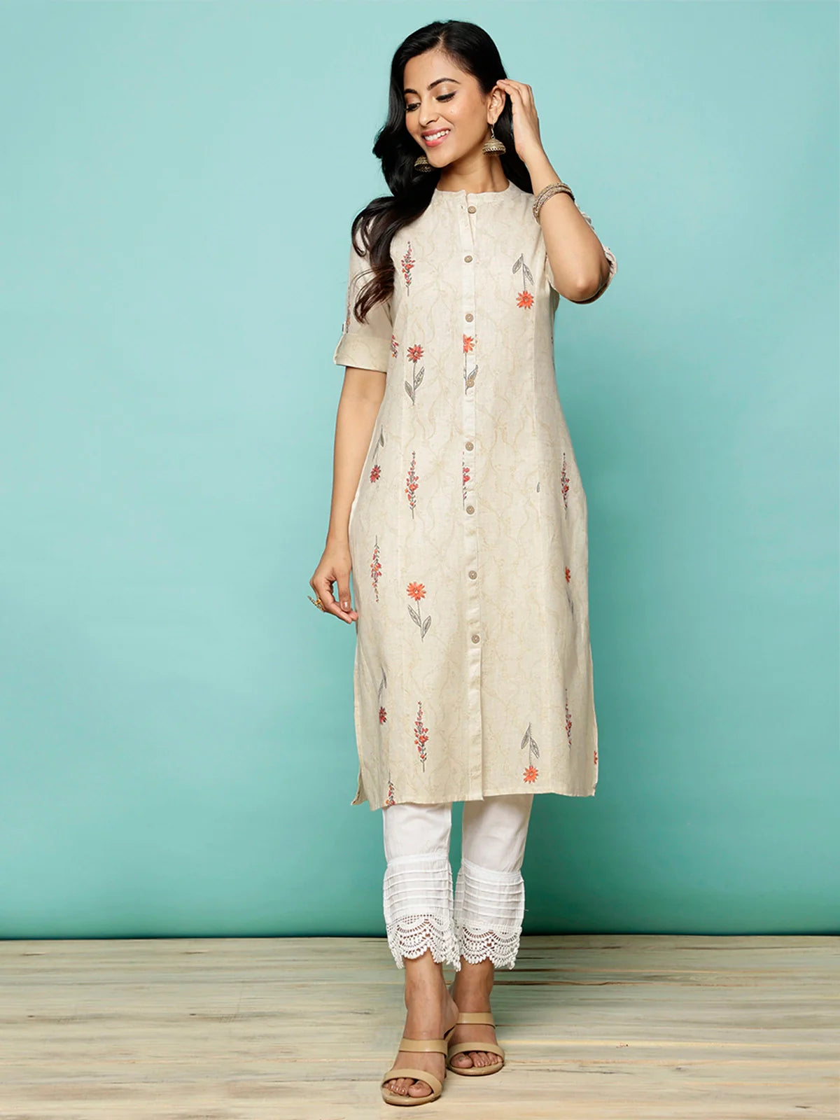 Buy Cotton Flex Printed Calf Length A-line Kurta-Red