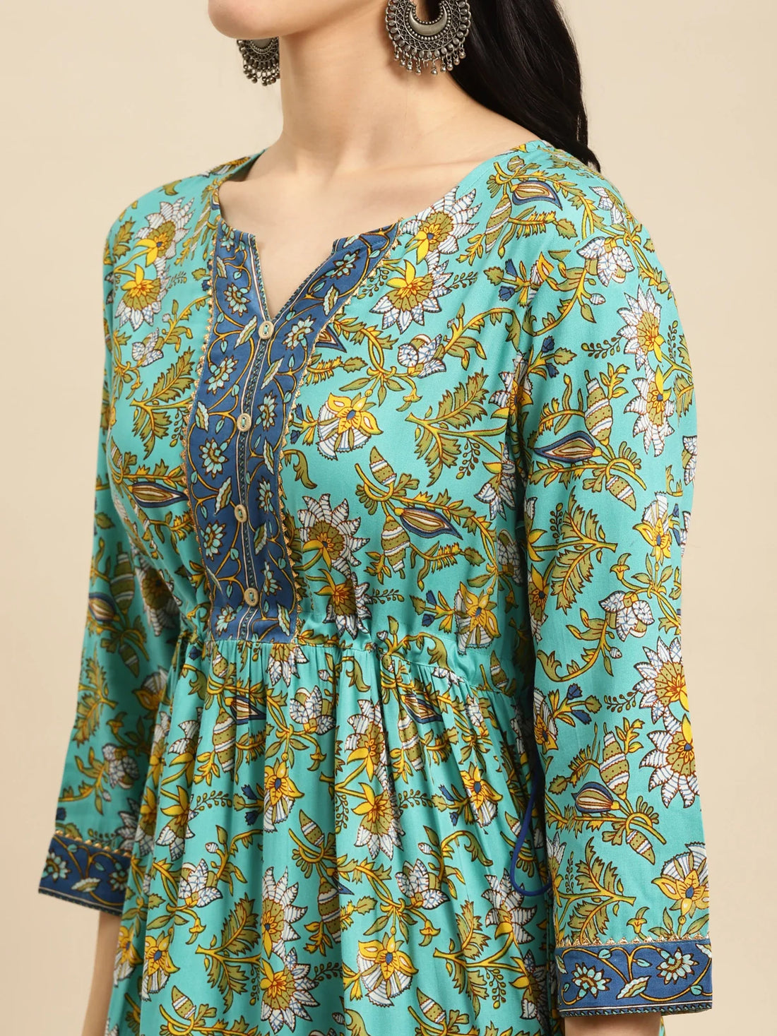 Buy Rayon Floral Printed Calf Length Tiered Kurta With Contrast Placket And Side Tie Ups-Mint Green