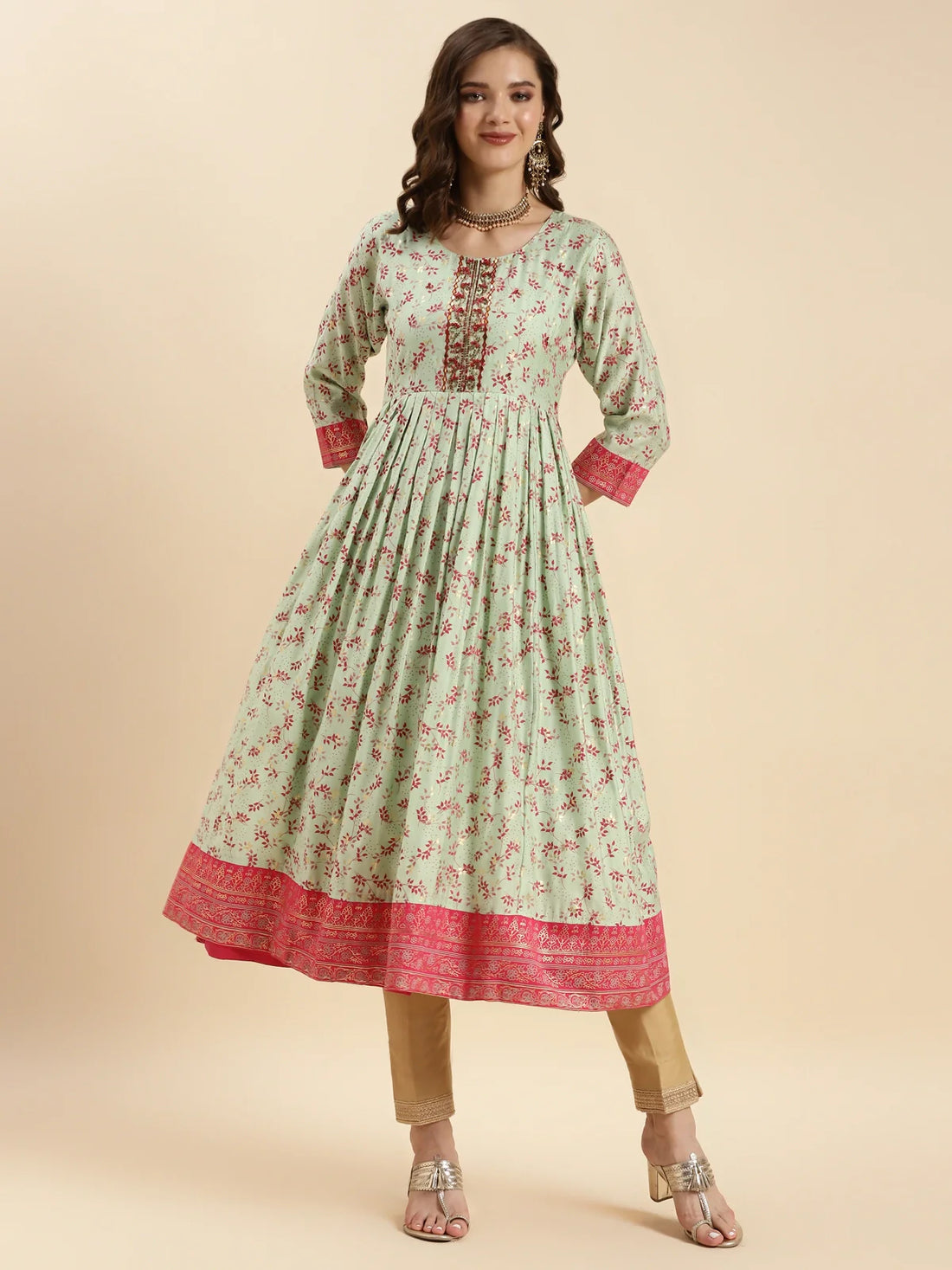 Buy Silk Embroidered Calf Length Anarkali Kurta-Sea Green