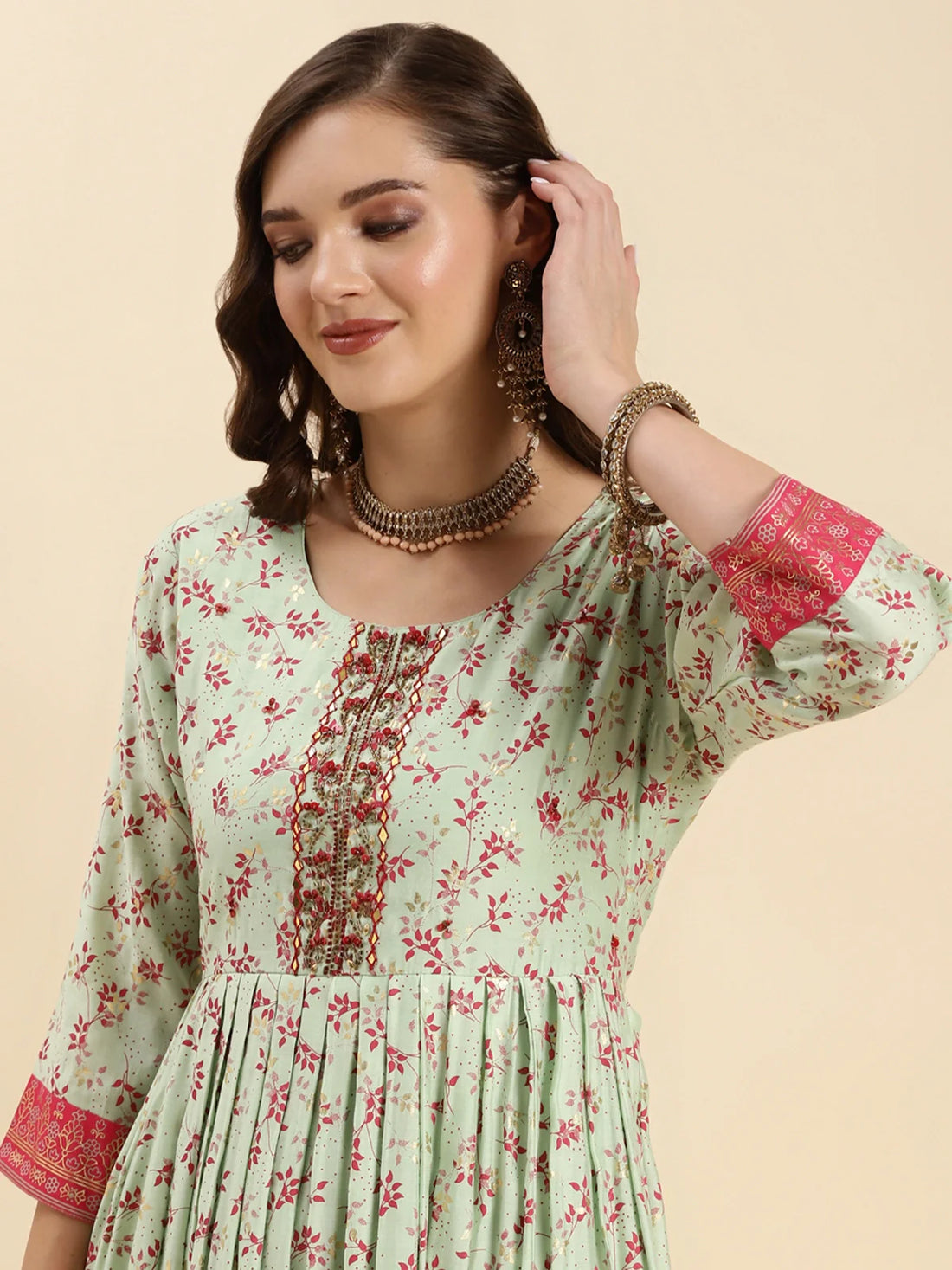Buy Silk Embroidered Calf Length Anarkali Kurta-Sea Green