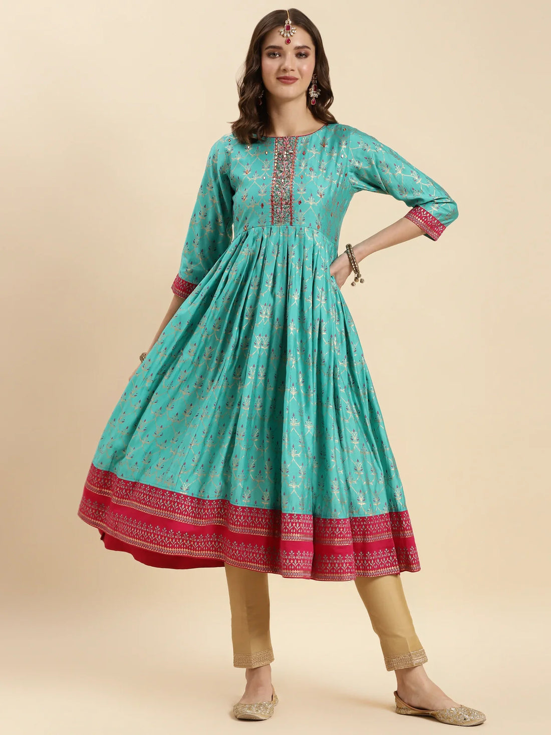 Buy Silk Embroidered Calf Length Anarkali Kurta-Turquoise