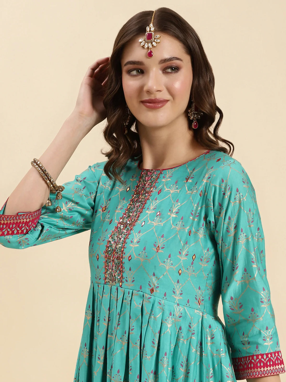 Buy Silk Embroidered Calf Length Anarkali Kurta-Turquoise