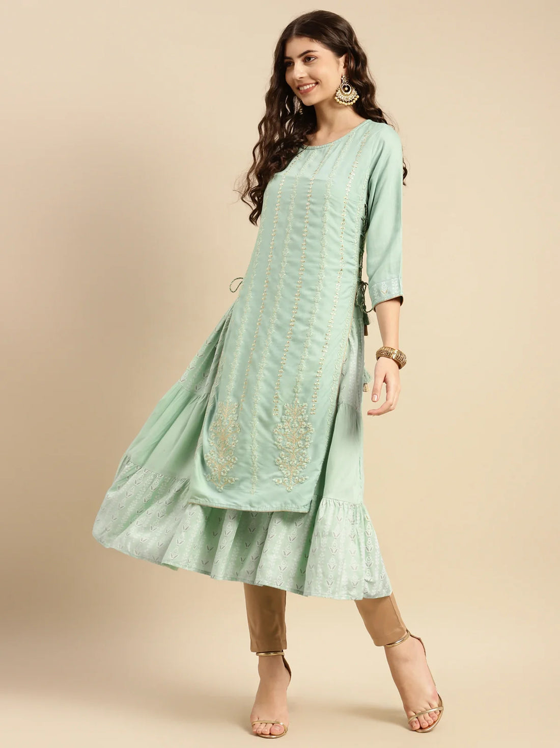 Buy Rayon Ethnic Embroidered Calf Length Partywear Layered Kurta-Mint Green