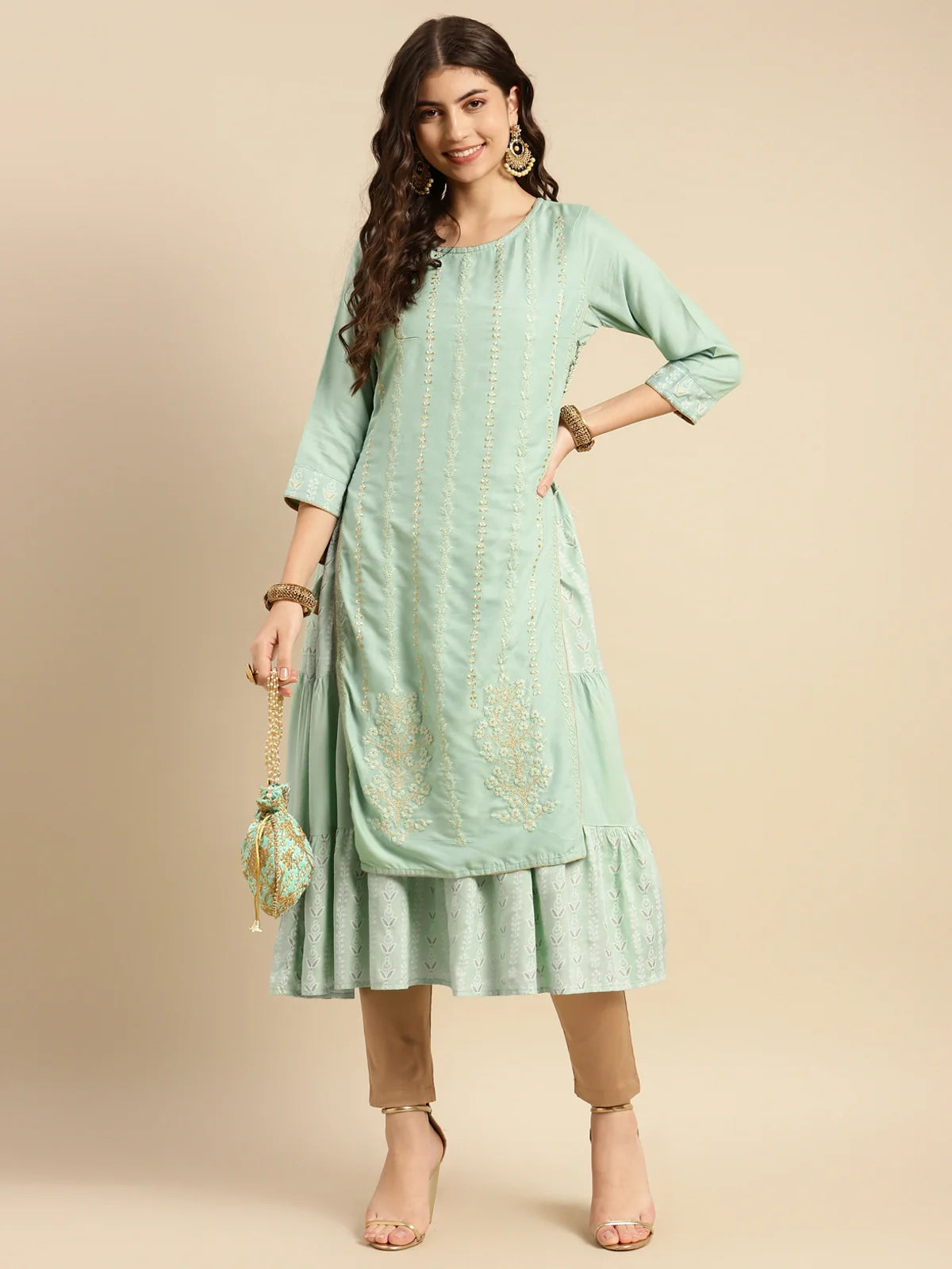 Buy Rayon Ethnic Embroidered Calf Length Partywear Layered Kurta-Mint Green