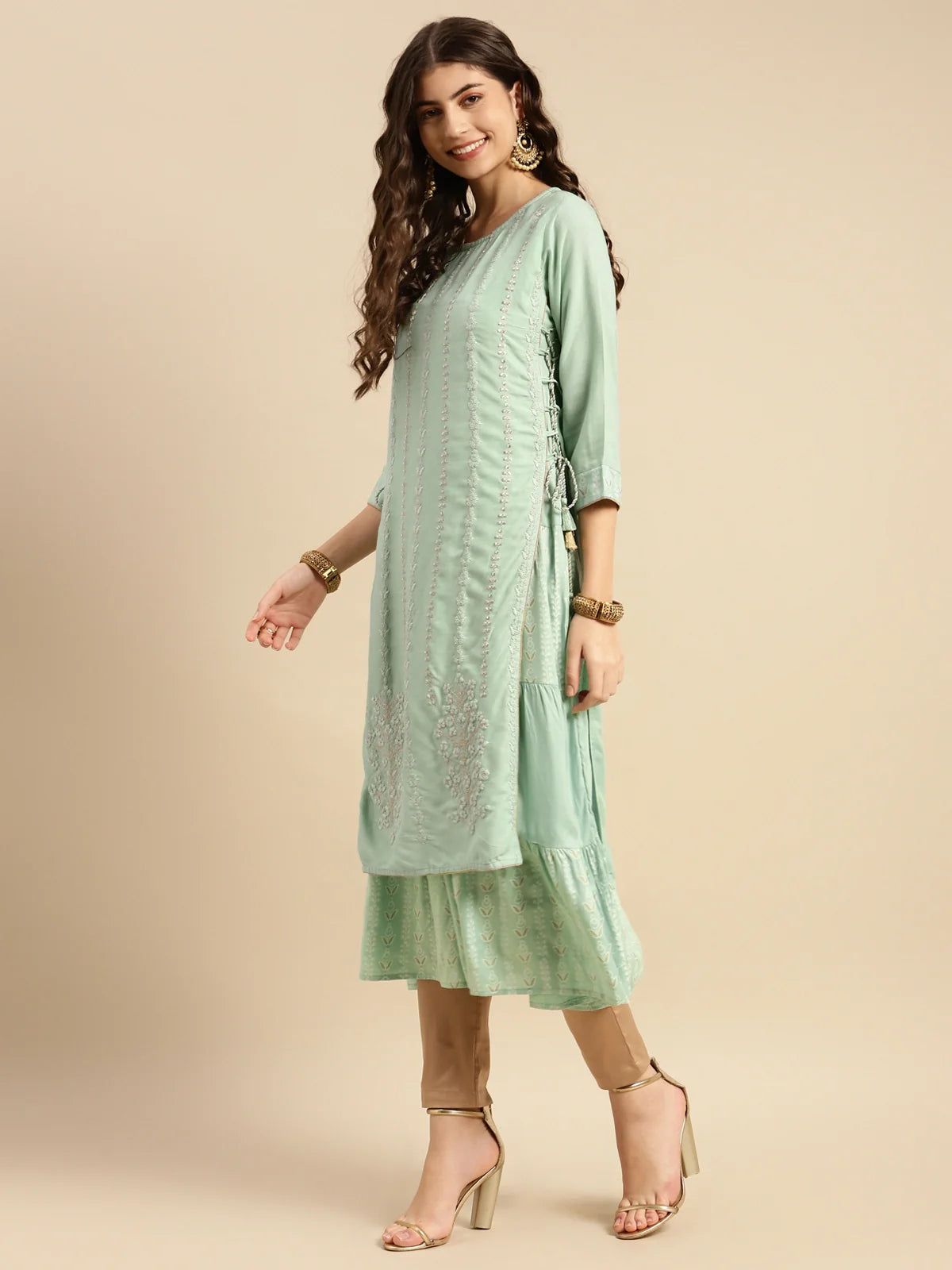 Buy Rayon Ethnic Embroidered Calf Length Partywear Layered Kurta-Mint Green