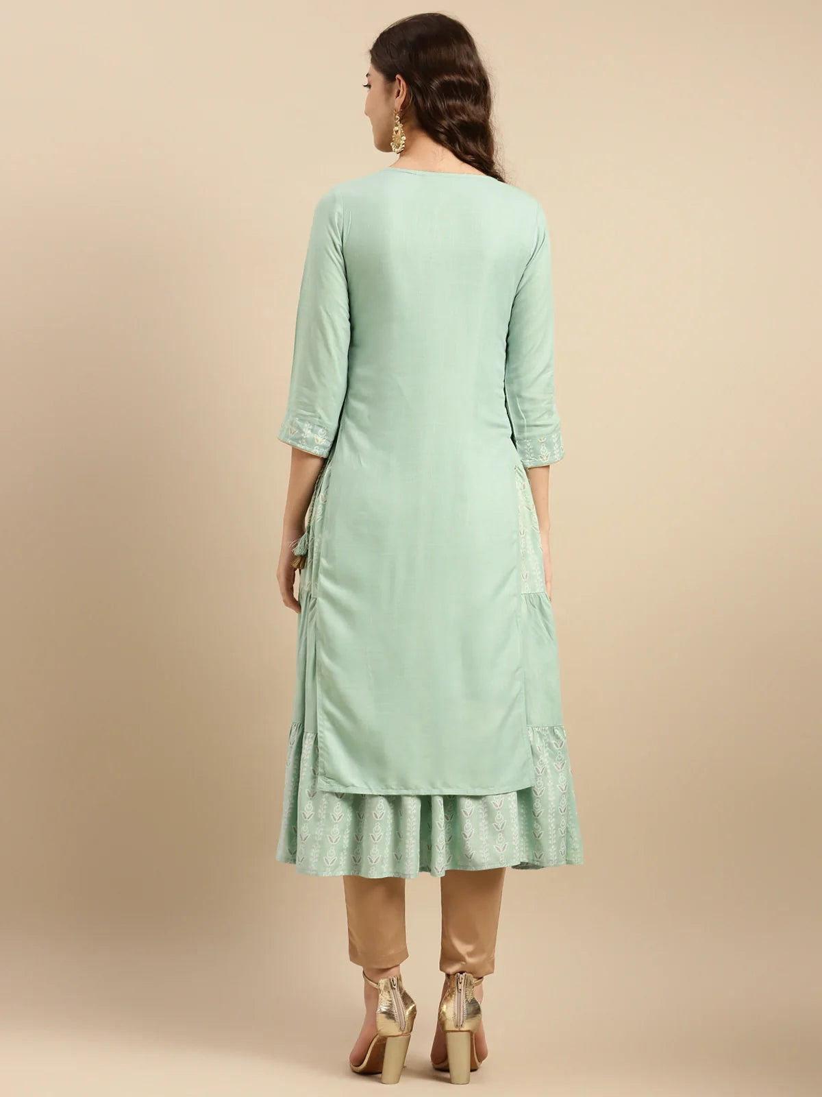 Buy Rayon Ethnic Embroidered Calf Length Partywear Layered Kurta-Mint Green