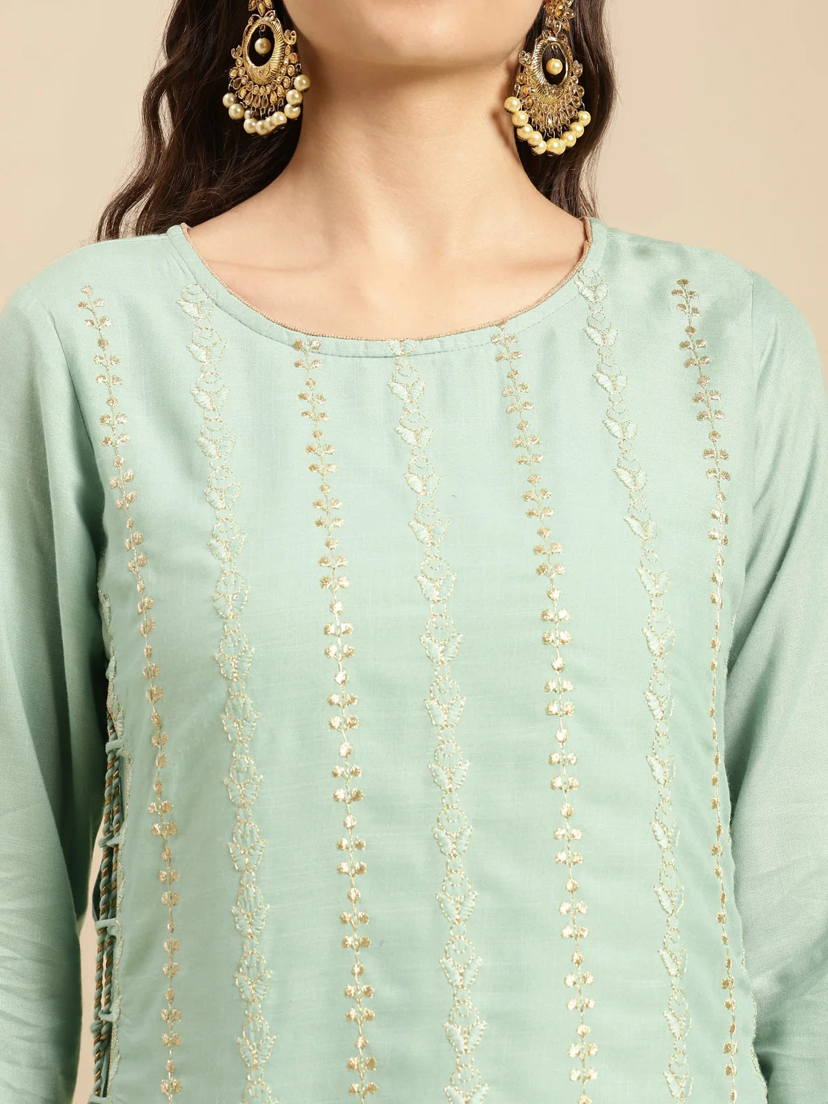 Buy Rayon Ethnic Embroidered Calf Length Partywear Layered Kurta-Mint Green