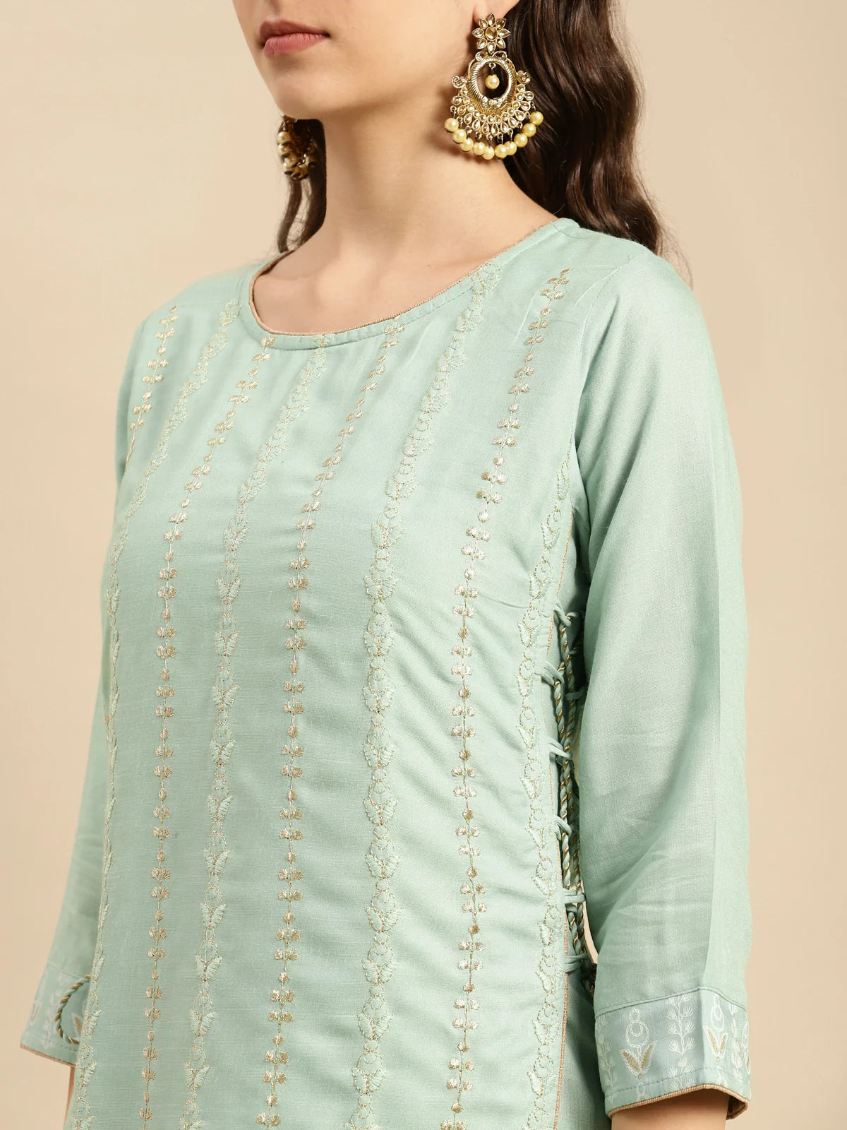 Buy Rayon Ethnic Embroidered Calf Length Partywear Layered Kurta-Mint Green