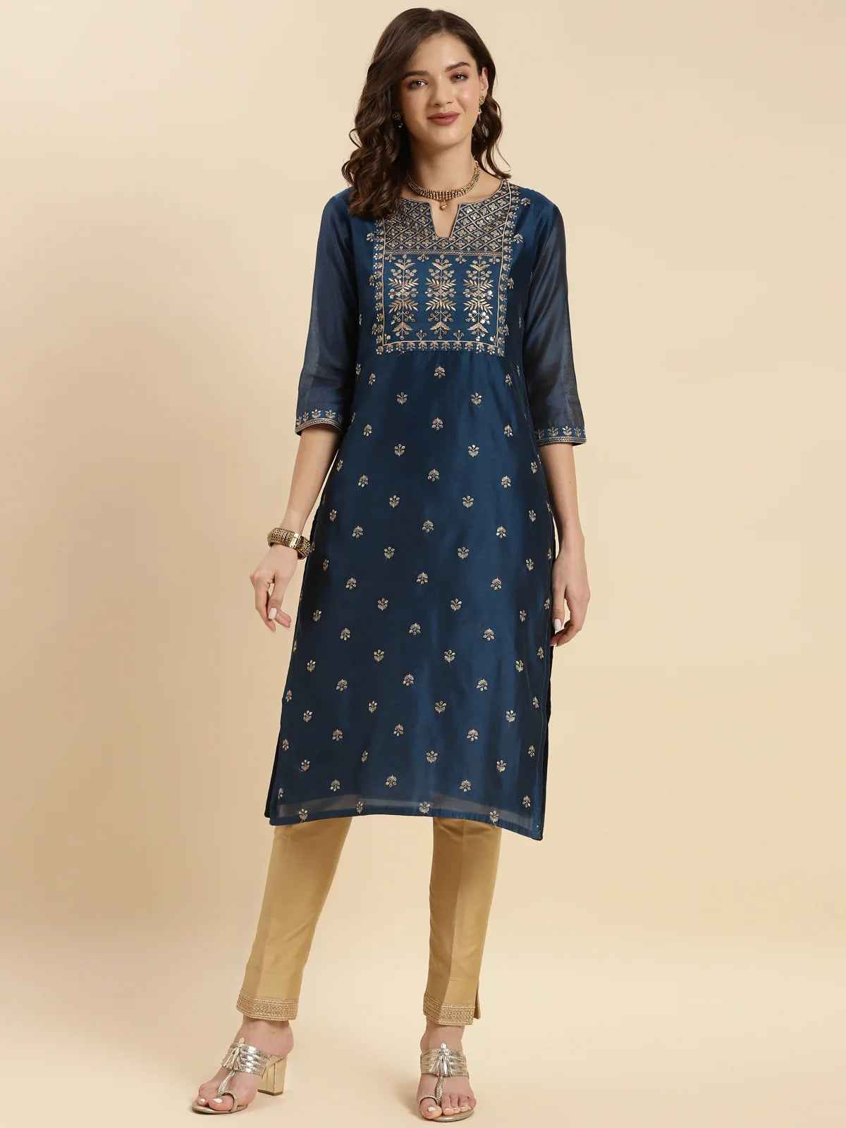 Buy Chanderi Embroidered Knee Length Straight Kurta-Teal