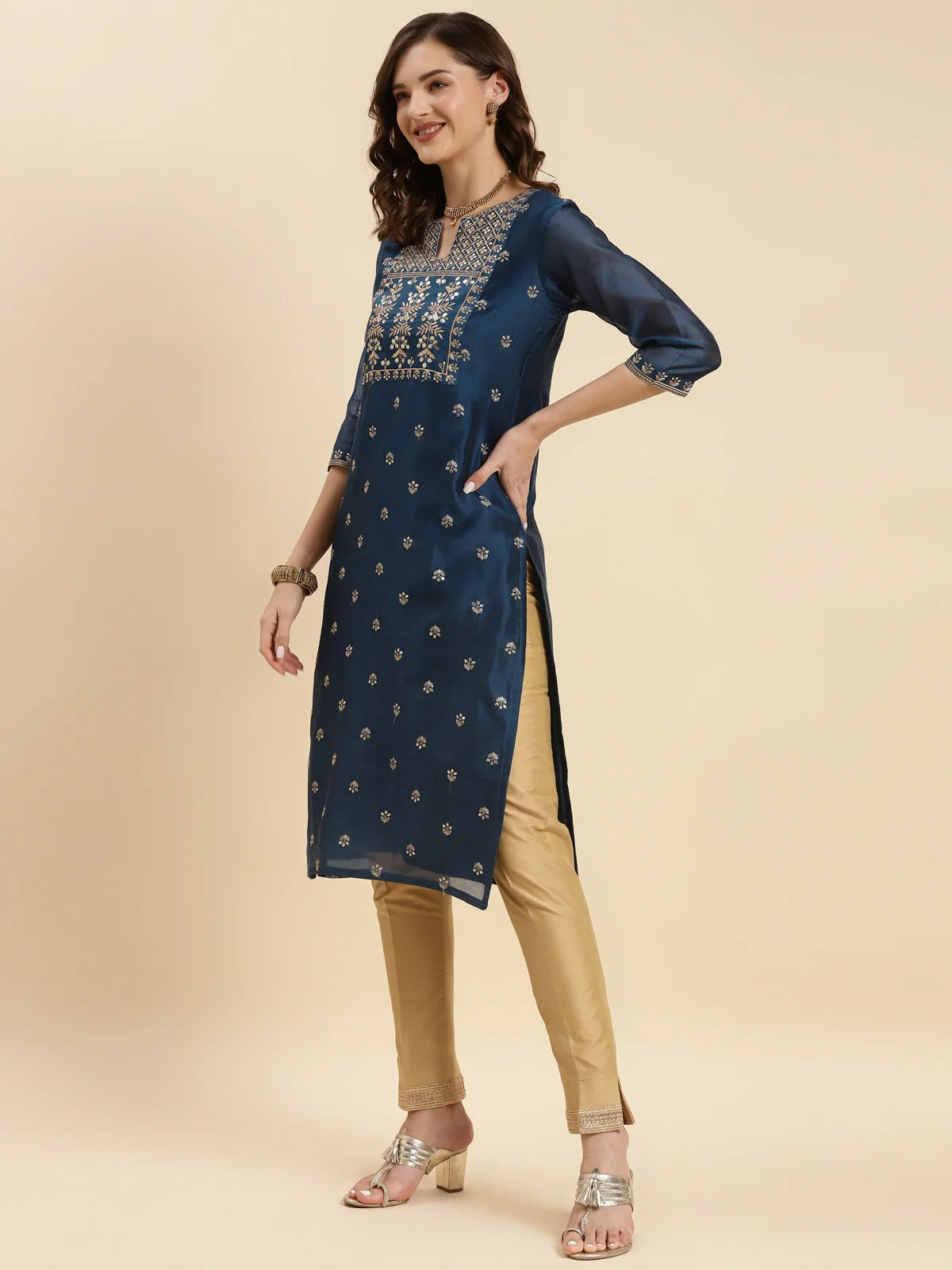 Buy Chanderi Embroidered Knee Length Straight Kurta-Teal