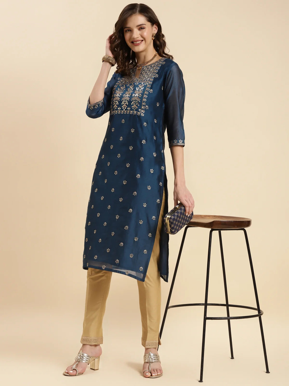 Buy Chanderi Embroidered Knee Length Straight Kurta-Teal