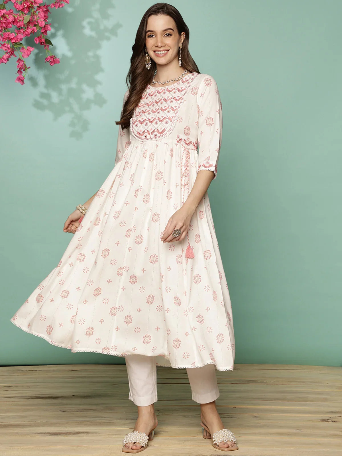 Buy Rayon Yoke Embroidered Calf Length Anarkali Kurta With Tie-Up On Waist-Pink